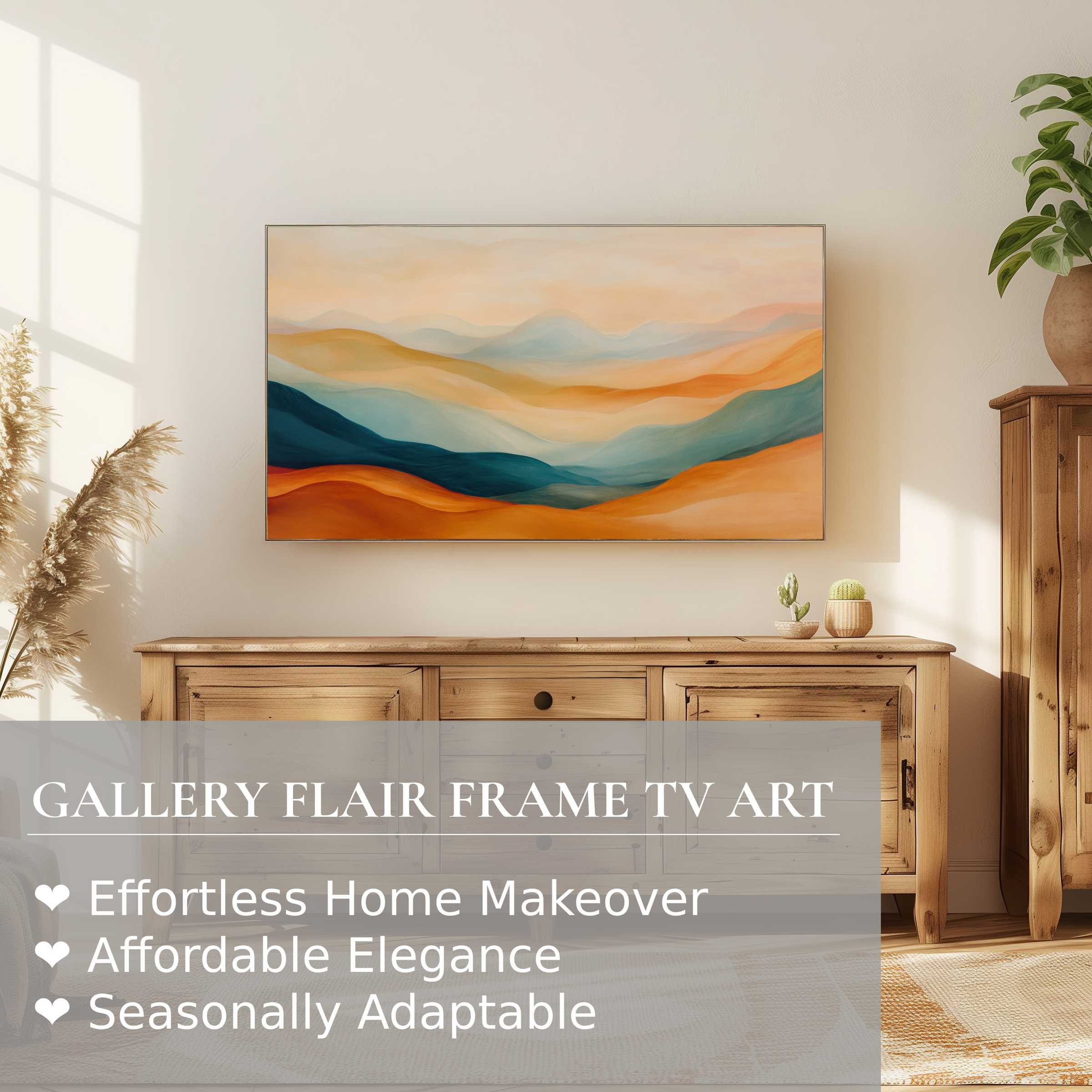 Samsung Frame TV showcases serene boho digital artwork in a sunlit, natural wood setting with elegant, modern warmth