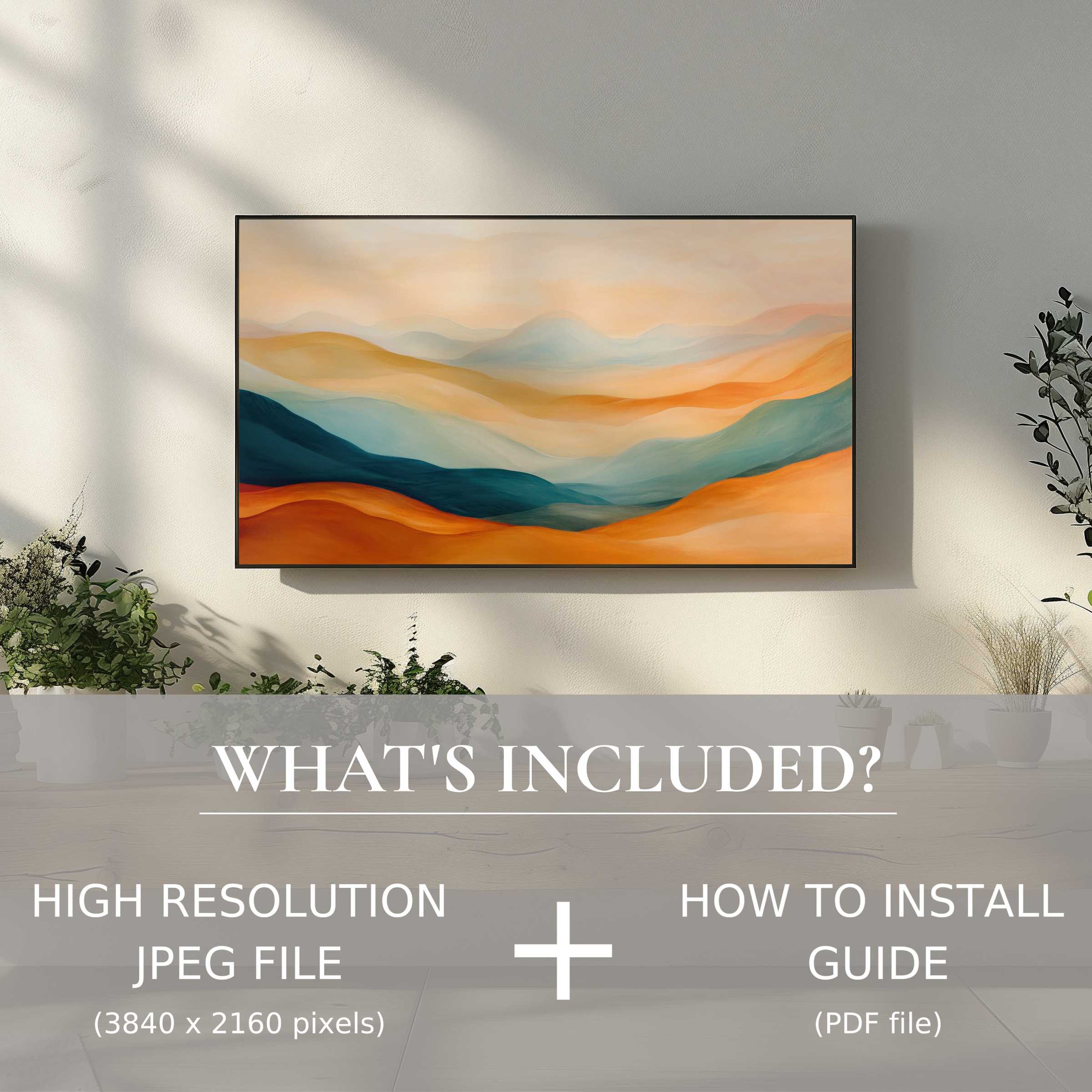 Elegant boho digital TV art download enhances modern living spaces with easy digital use and vibrant, warm abstract landscapes