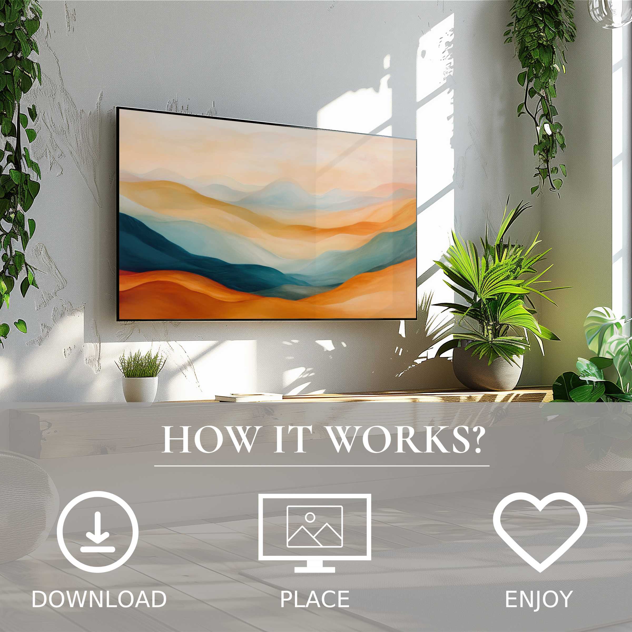 Boho art for Samsung TV shows soft sunset tones enhancing modern space, simple digital download enriches décor