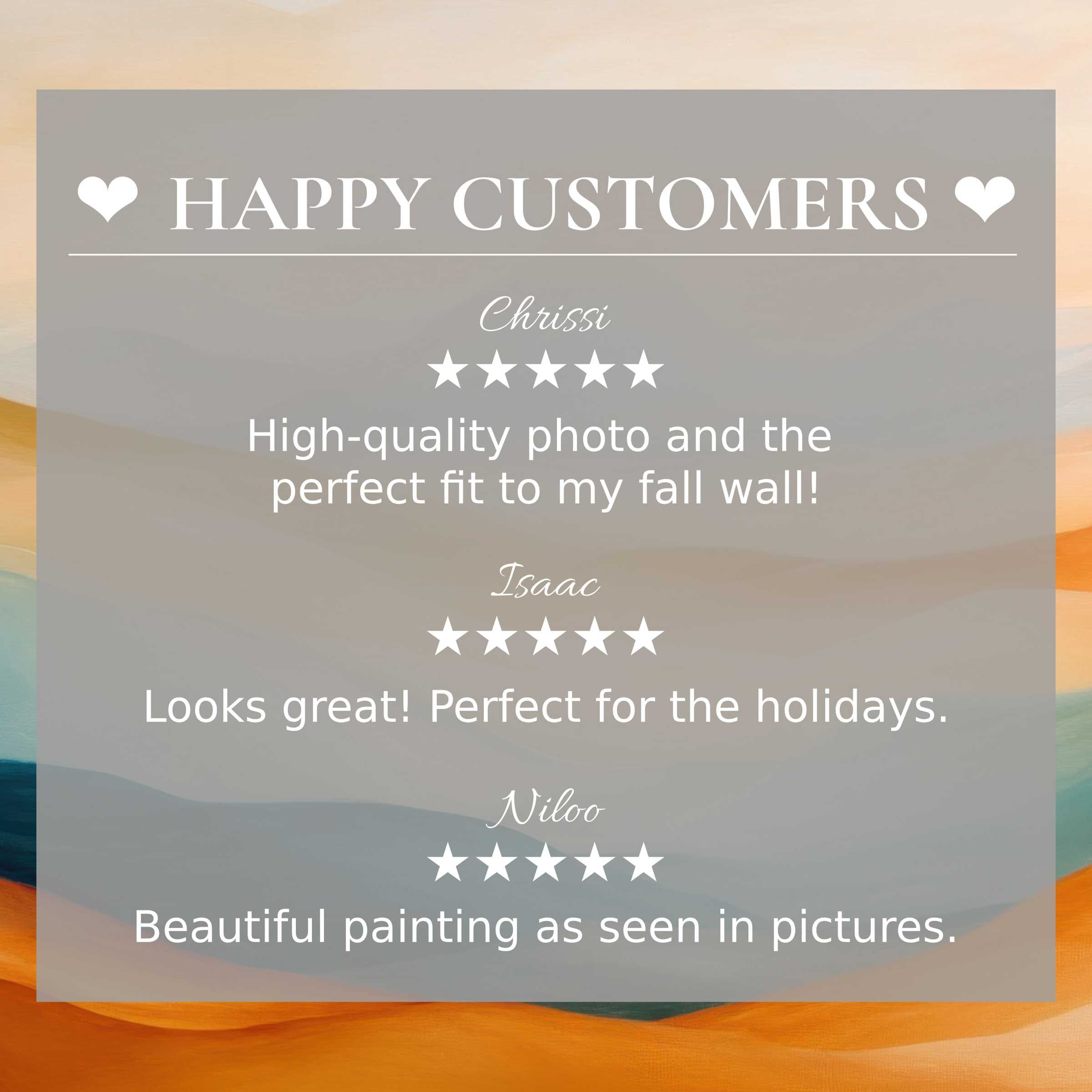 Boho art for Frame TV with abstract sunset hues, showcasing happy customer reviews for elegant, trustworthy home decor