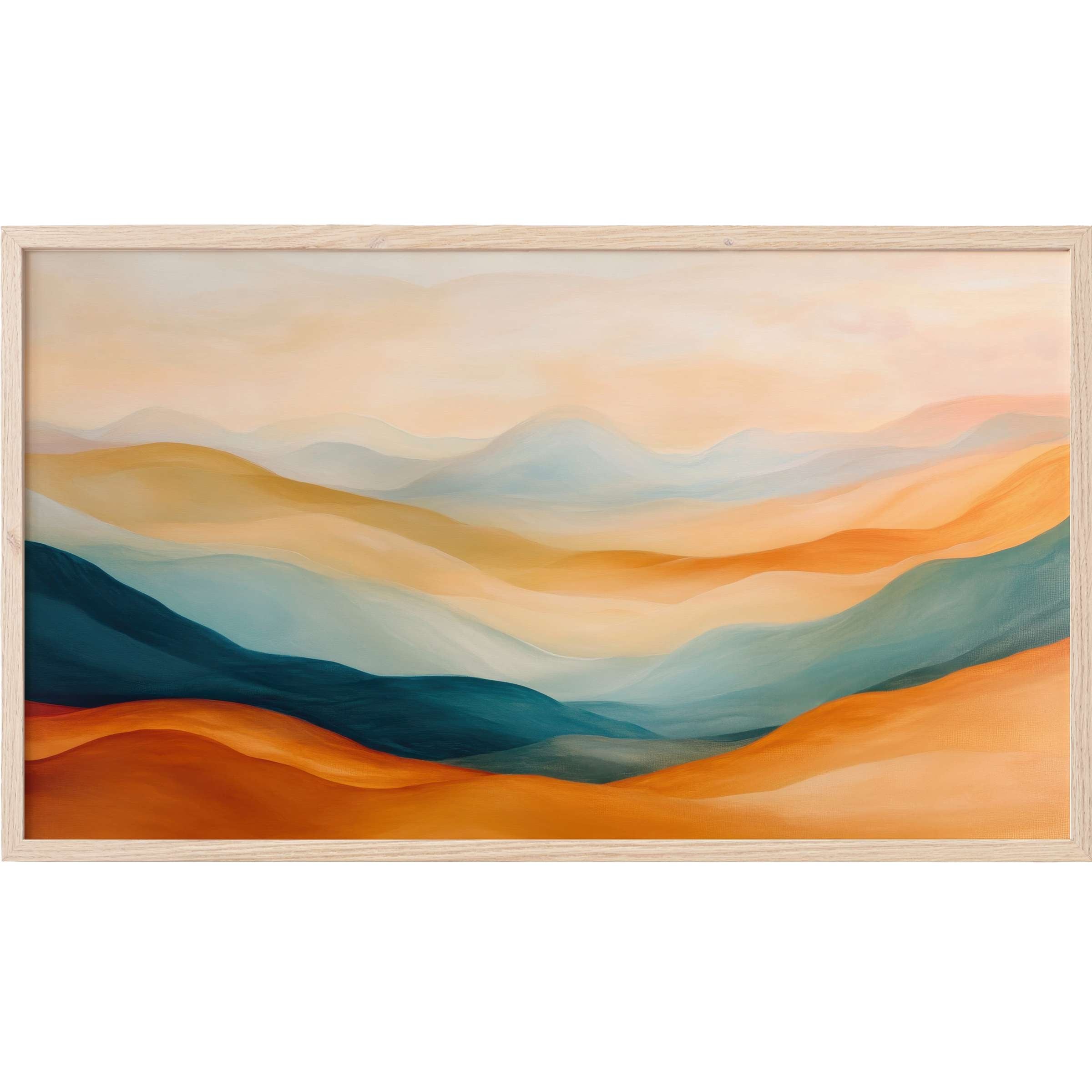 Boho Frame TV Art with soft, flowing hills in warm oranges, blues, and neutrals, evoking serene modern elegance