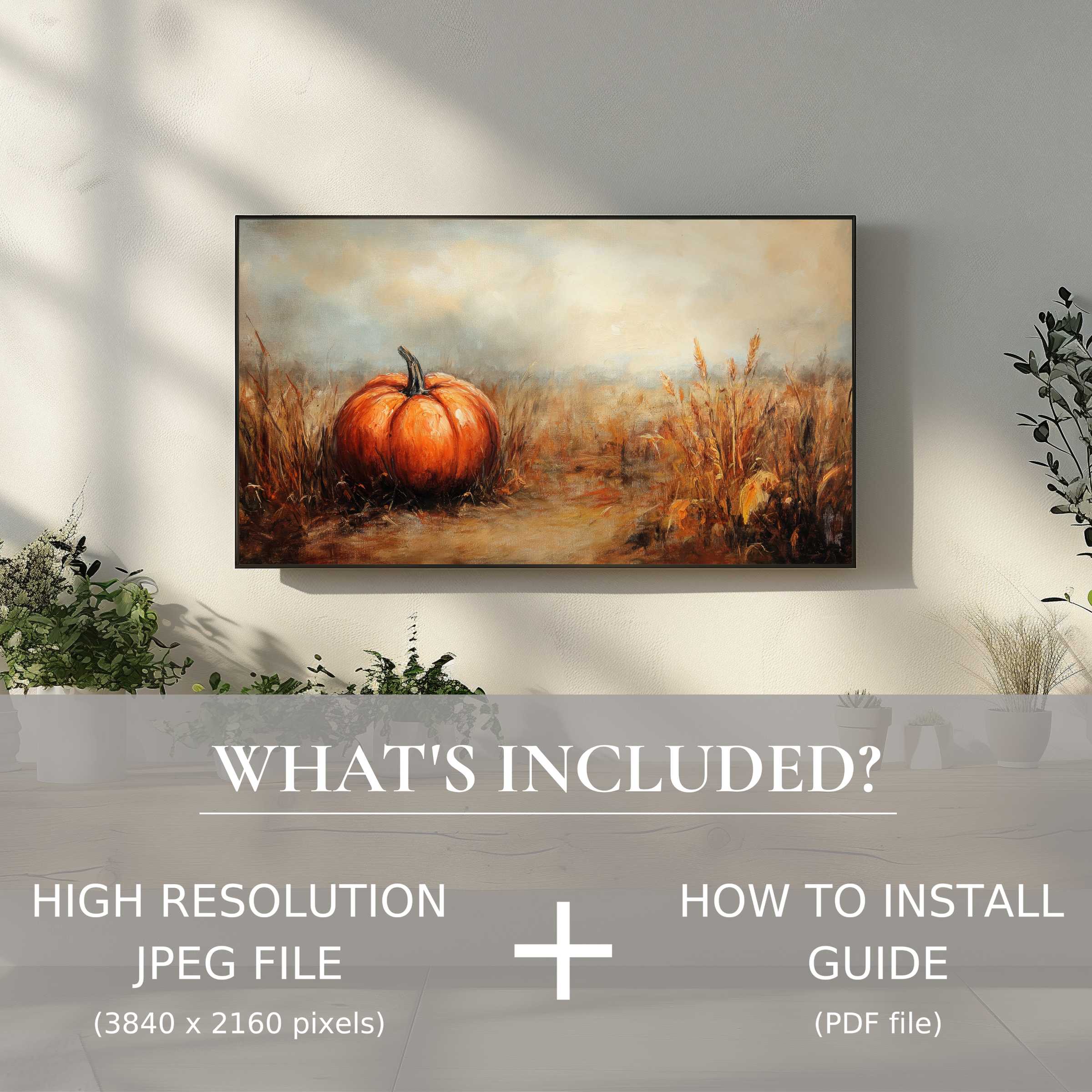Elegant fall digital TV art download of pumpkin scene enhances living space with easy high-res digital use