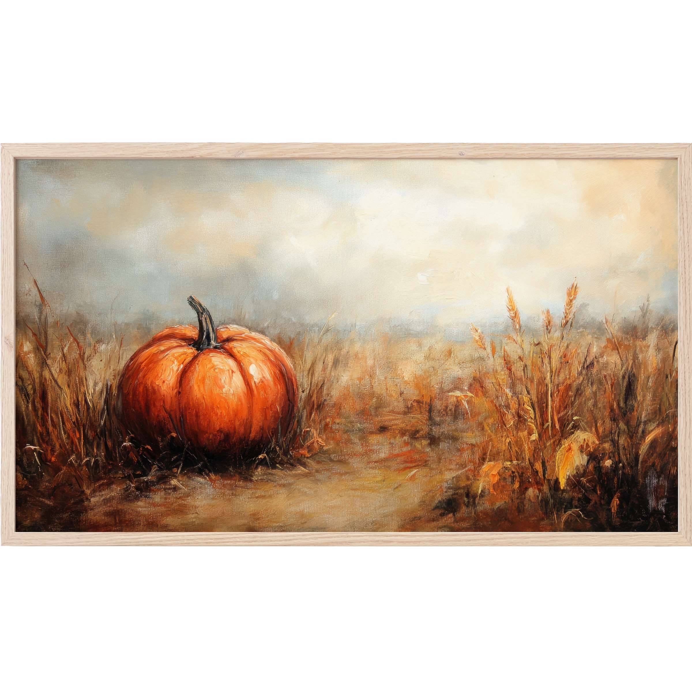 Fall Frame TV Art featuring a rich pumpkin and wheat field in warm, earthy tones with a soft, modern painterly style