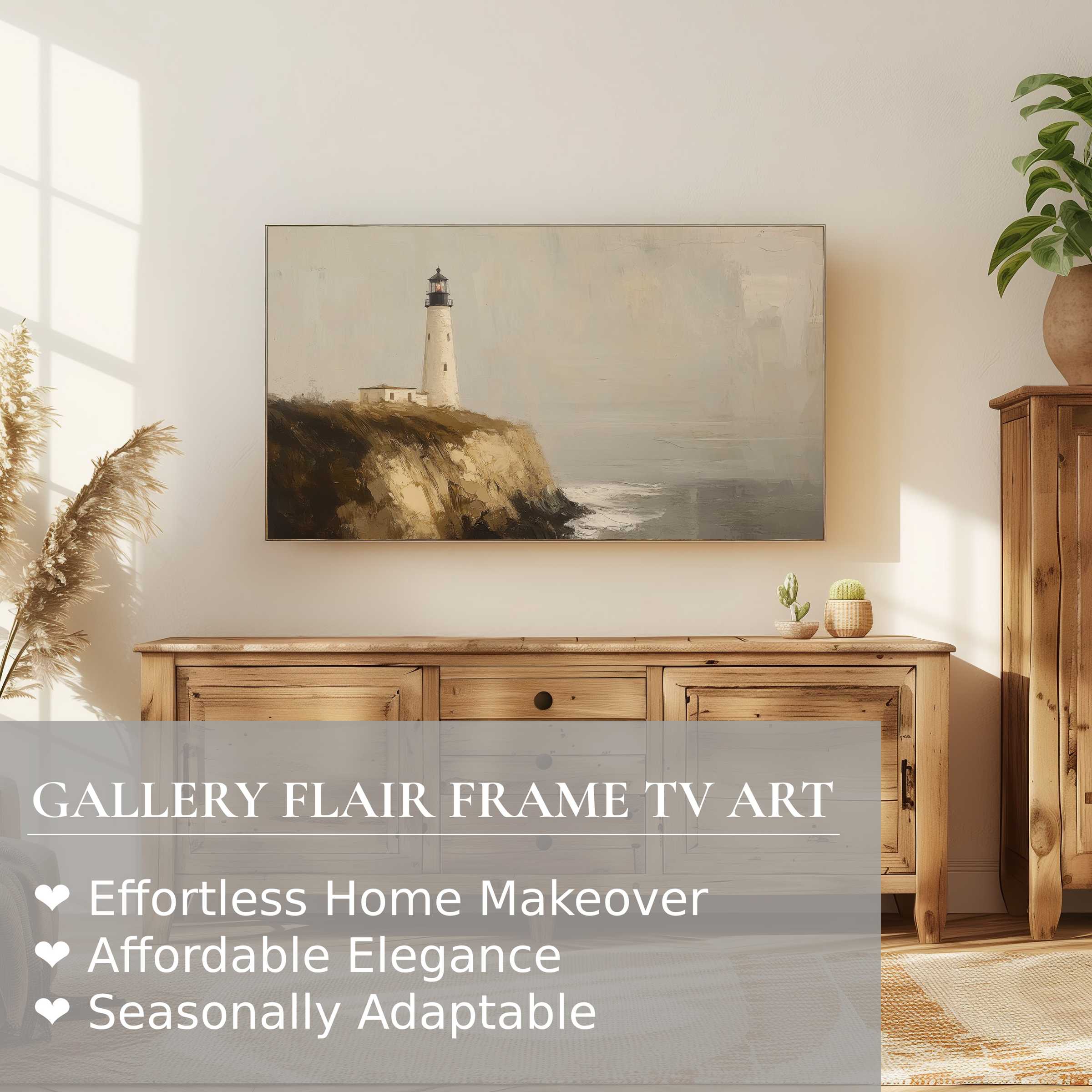 Samsung Frame TV displaying serene beach digital artwork with lighthouse, perfect for elegant, modern home decor