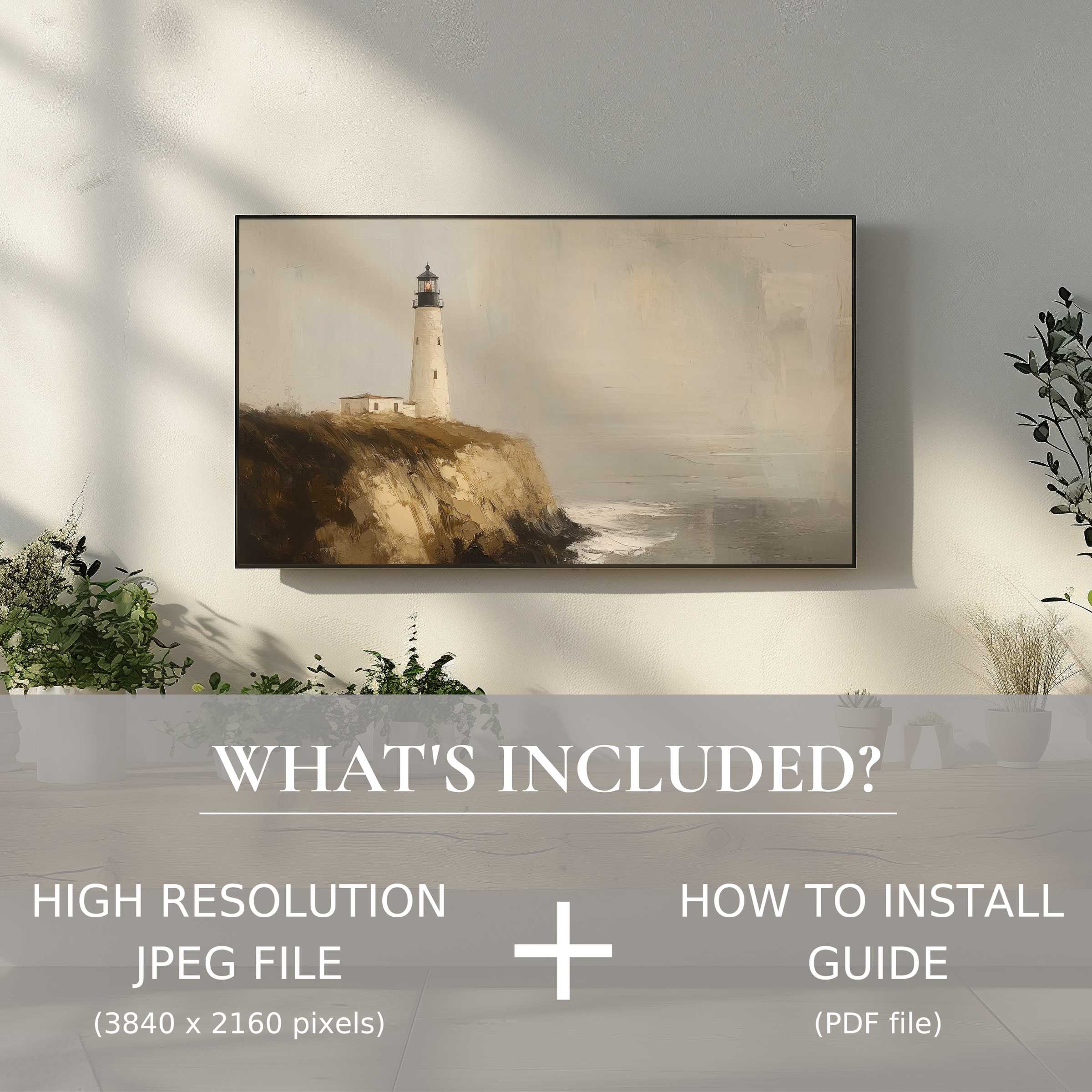 Elegant beach digital TV art download featuring a lighthouse, easily uplifting your modern living space digitally