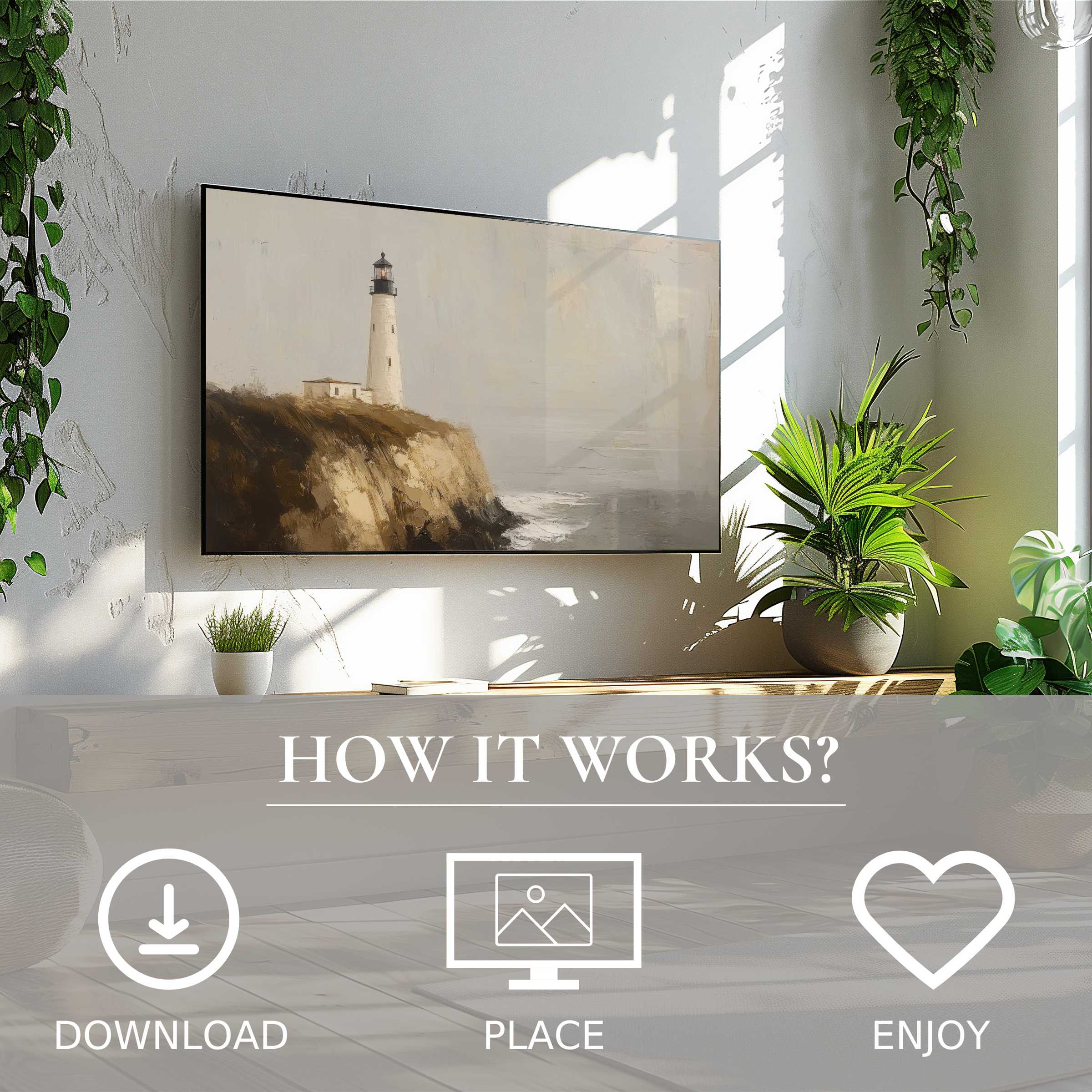 Calm beach art for Samsung TV shows a soft lighthouse scene, easy digital download enriches modern living spaces