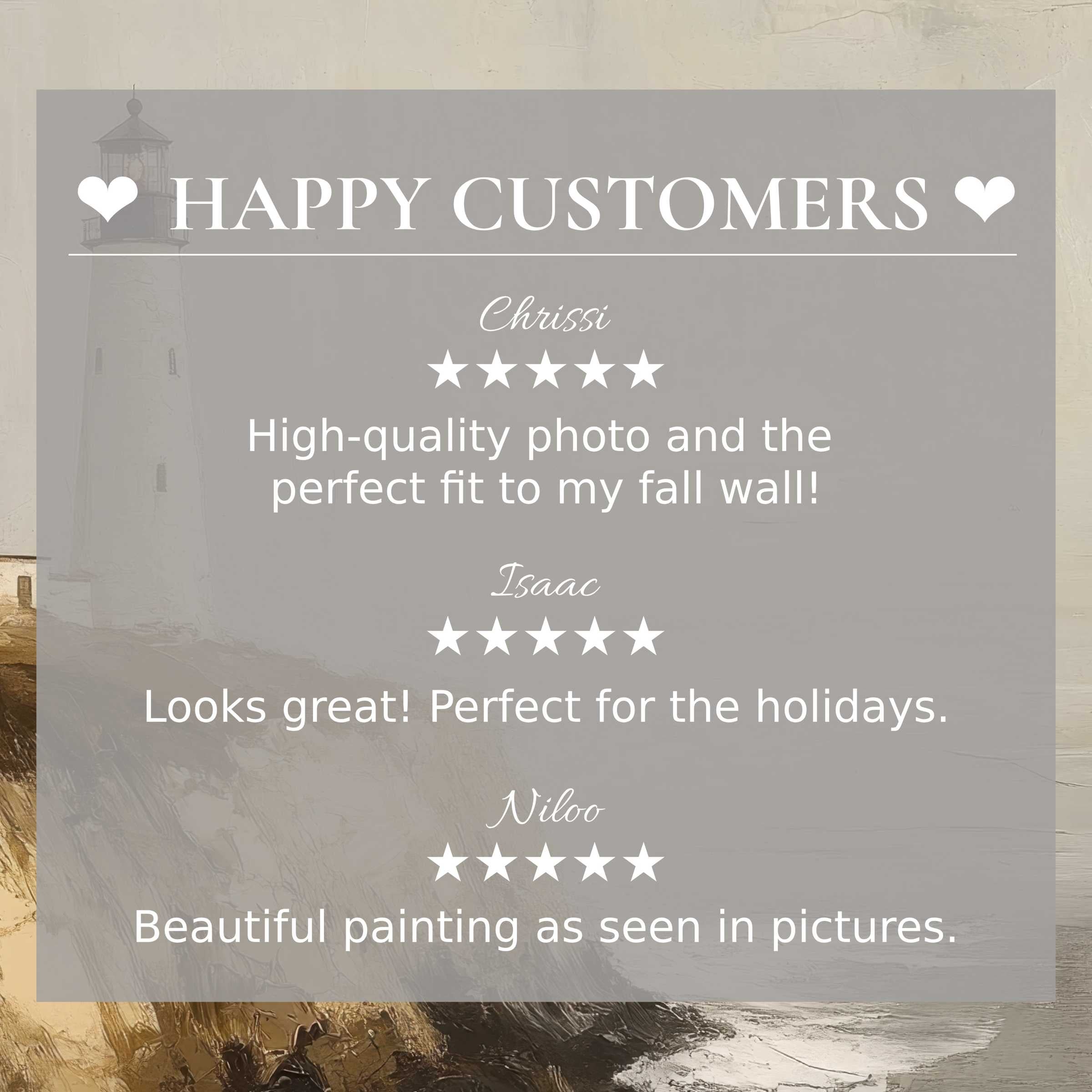 Elegant beach art for Frame TV with lighthouse and ocean tones, showcasing happy customer reviews that inspire trust