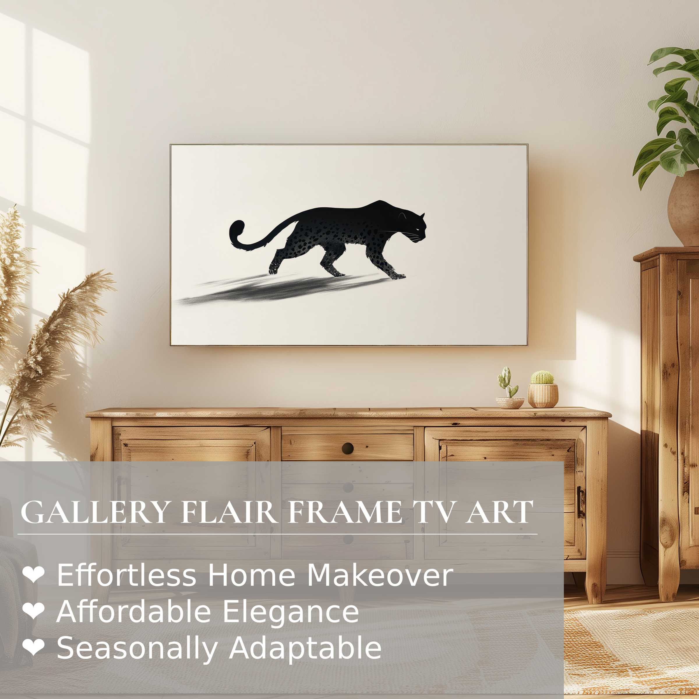 Modern living room with wooden furniture, showcasing black and white digital artwork of a panther on Samsung Frame TV