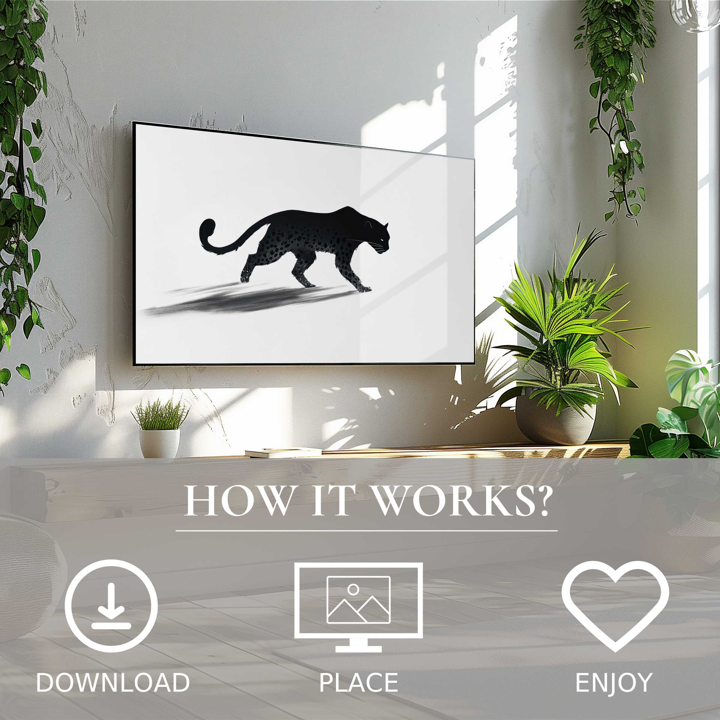Black and white art for Samsung TV shows a sleek panther silhouette, easy digital download enriches modern living spaces