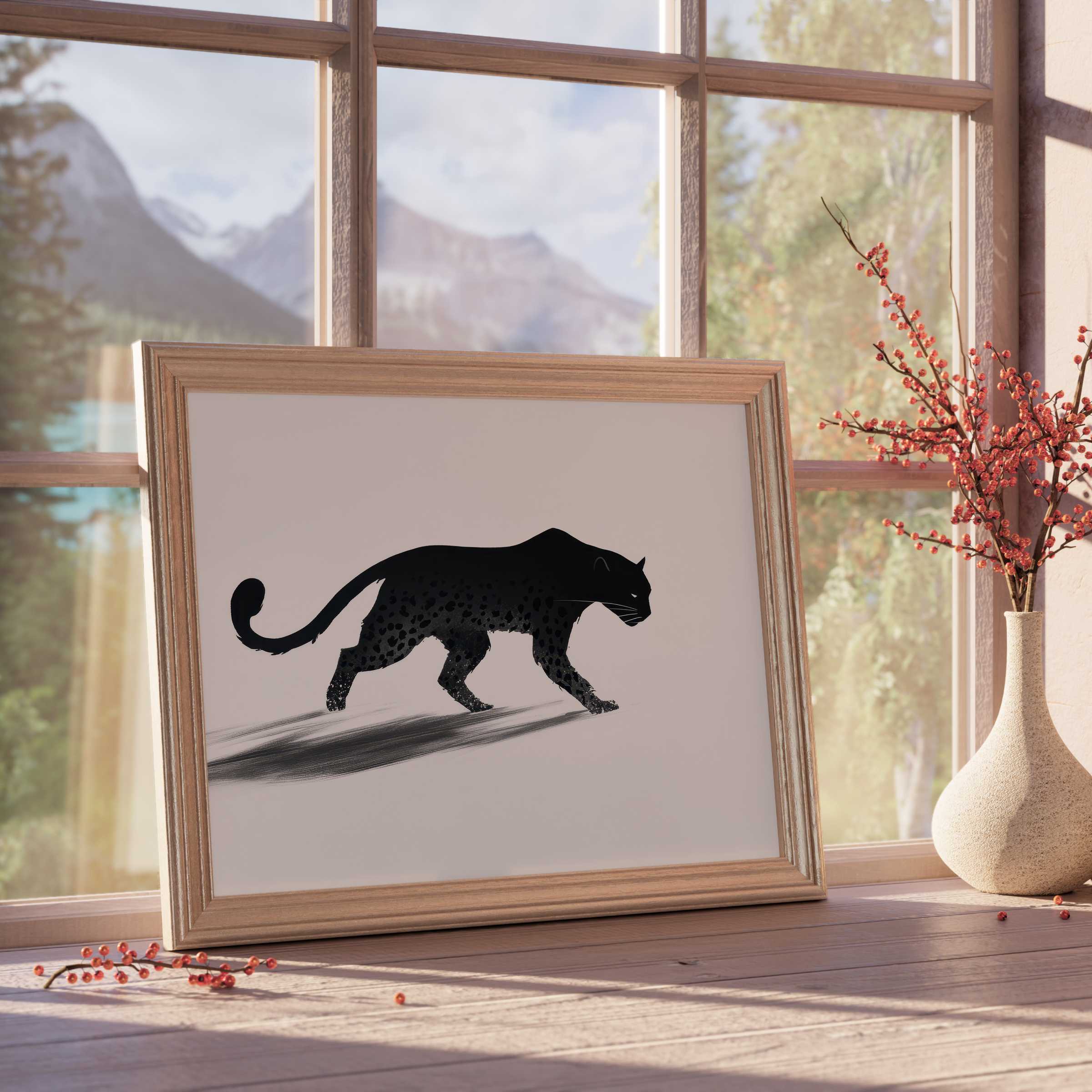 Elegant black and white downloadable art of a sleek leopard silhouette, perfect for curated, tranquil, modern interiors