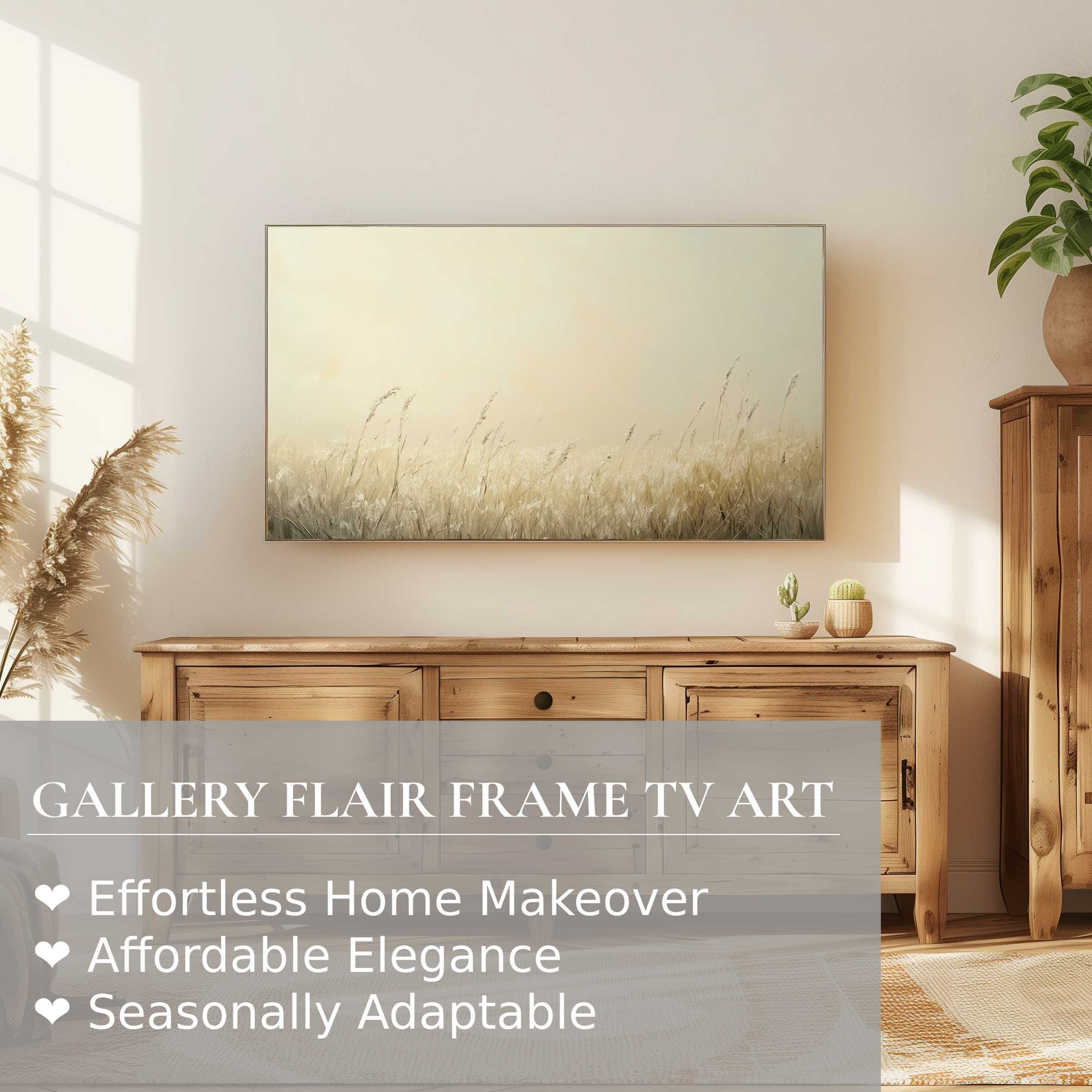 Samsung Frame TV displaying soft, muted botanical digital artwork in a serene, elegant living room setting