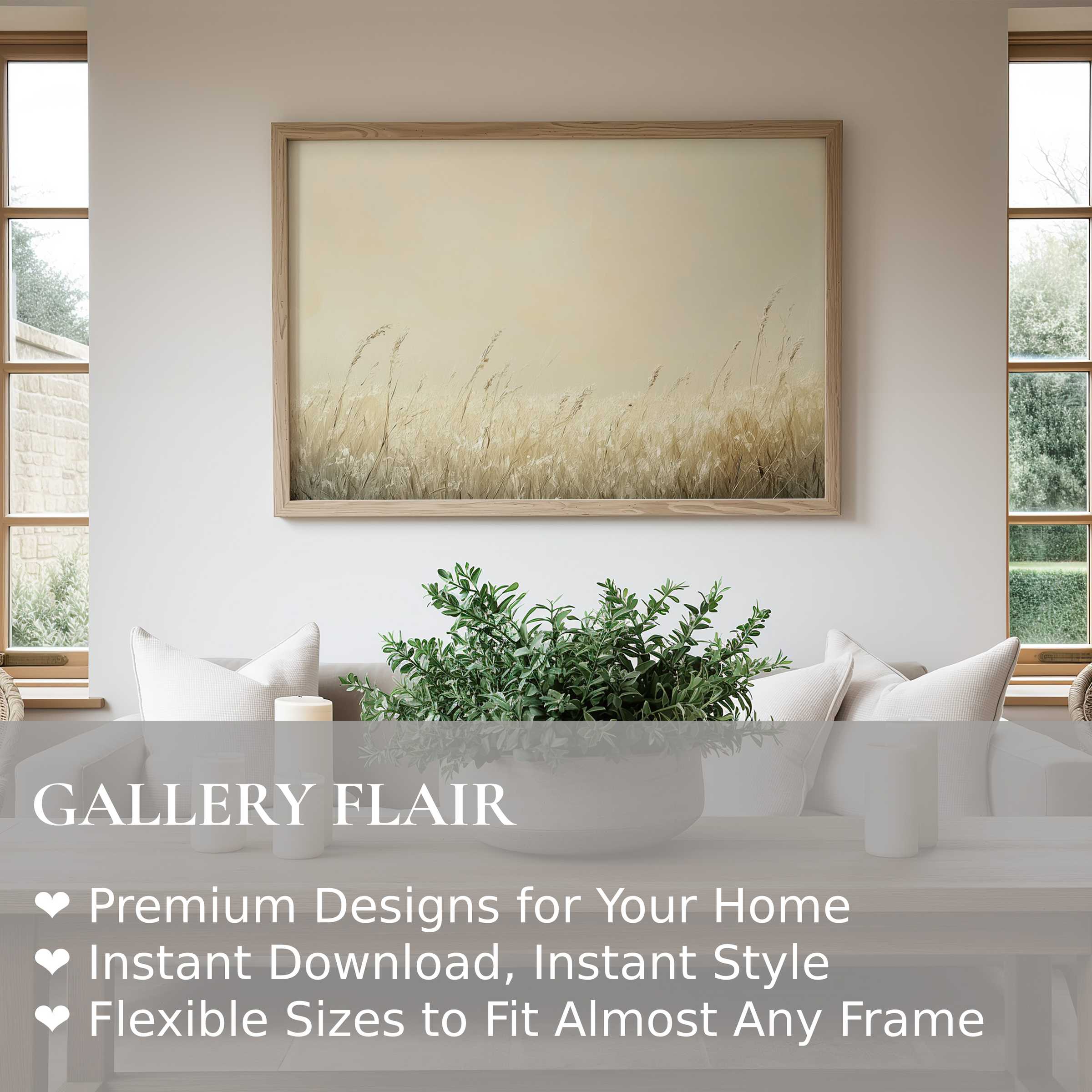 Botanical wall art print featuring soft, radiant grasses in neutral tones, enhancing a modern minimalist living room with calming natural elegance