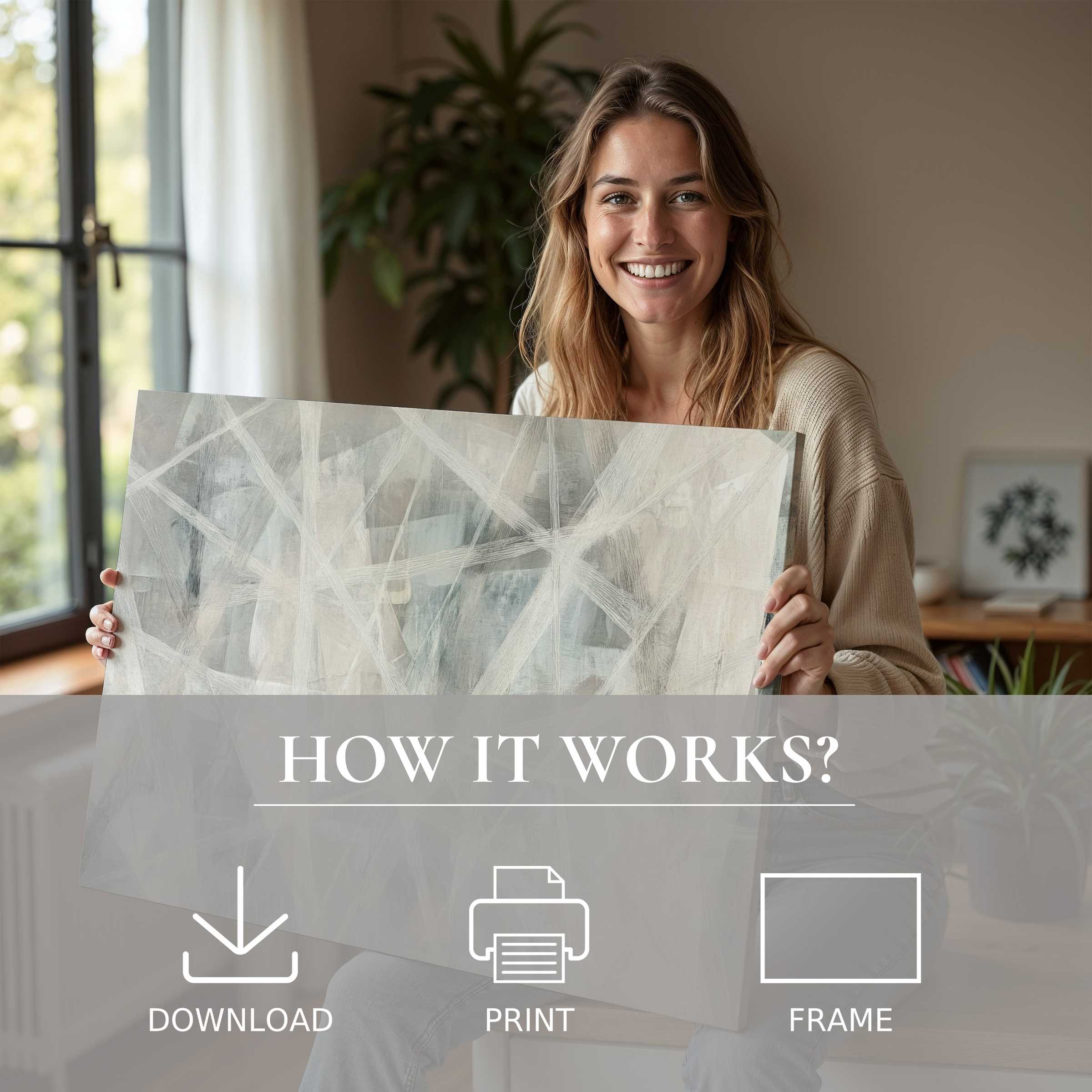 A radiant moment of connection and joy as modern abstract digital art print colors a serene, stylish home with effortless elegance