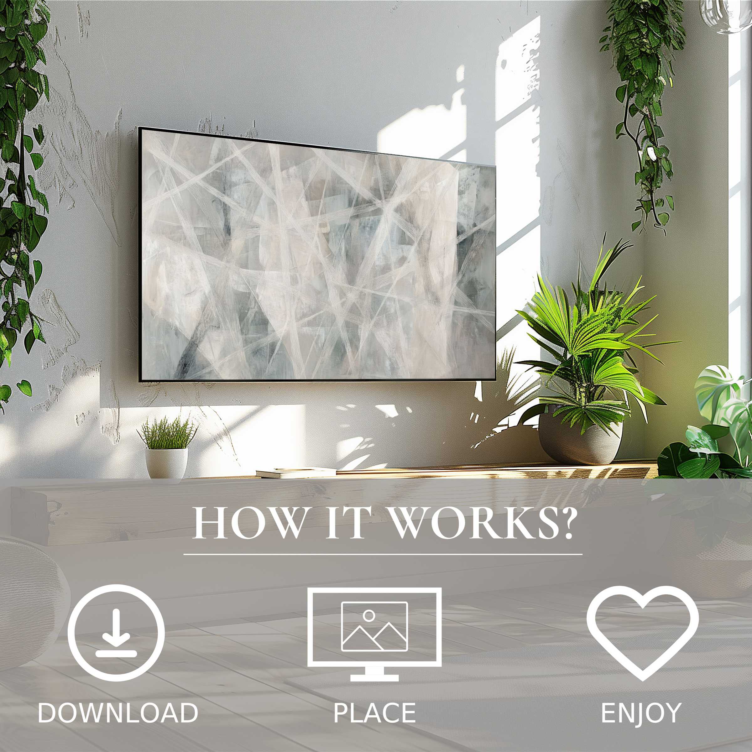 Abstract art for Samsung TV in a bright living room, soft gray color flow, easy digital download enriches space