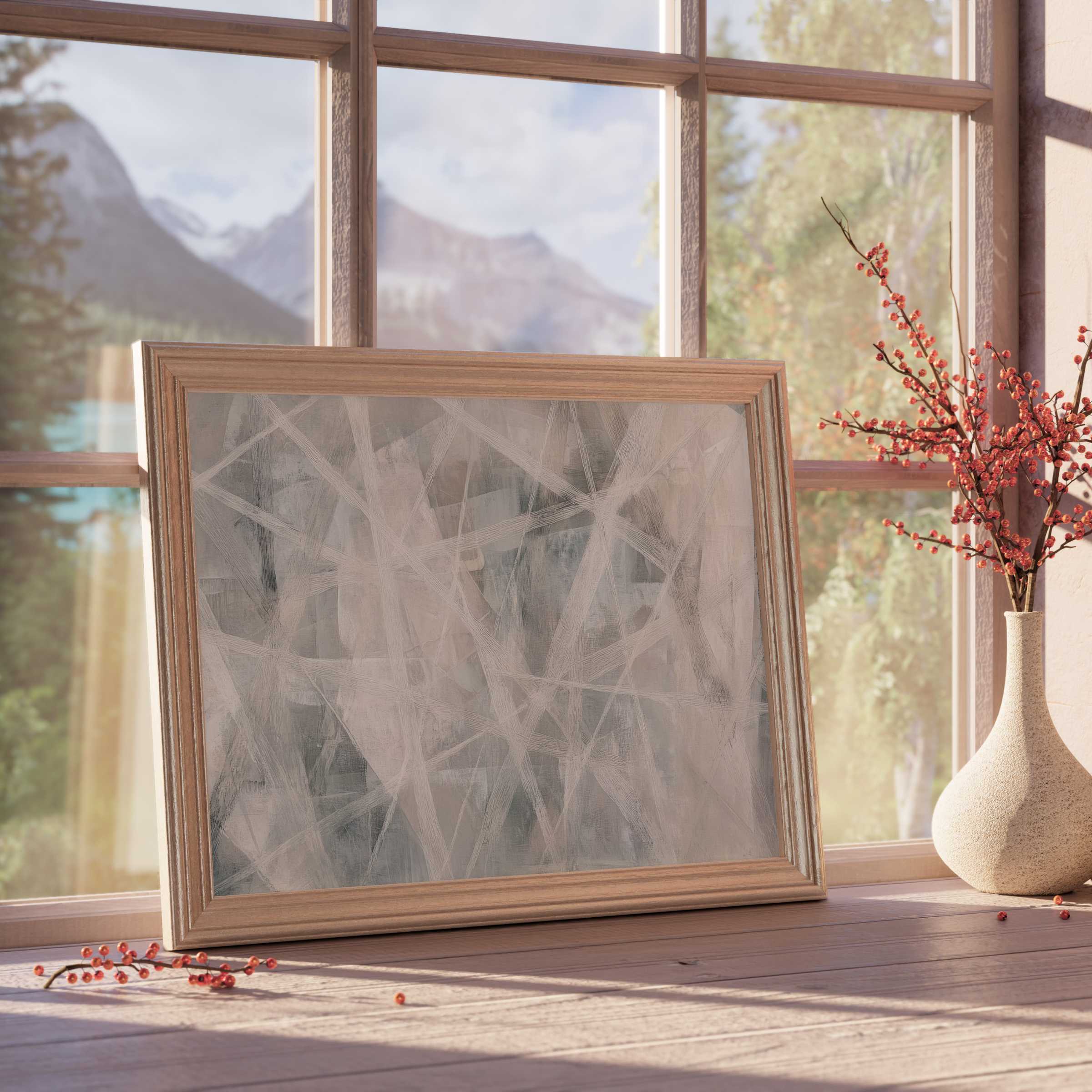 Serene abstract downloadable art with muted beige and gray strokes, harmonizing tranquil, curated interiors with premium, design-forward elegance