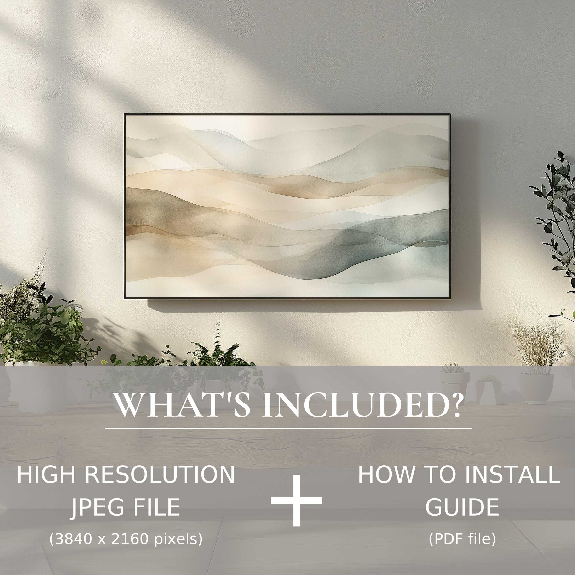 Elegant living space featuring a neutral digital TV art download, effortlessly enhancing ambiance with easy digital use