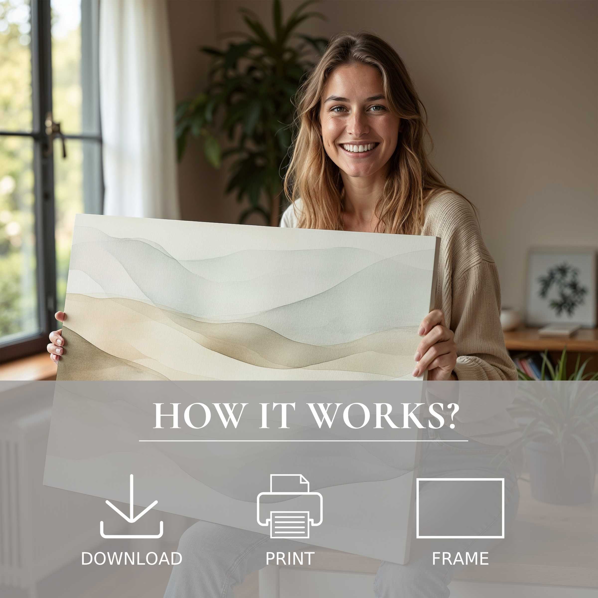 Bright, modern living with a neutral digital art print evoking calm, connection, and effortless style in any space