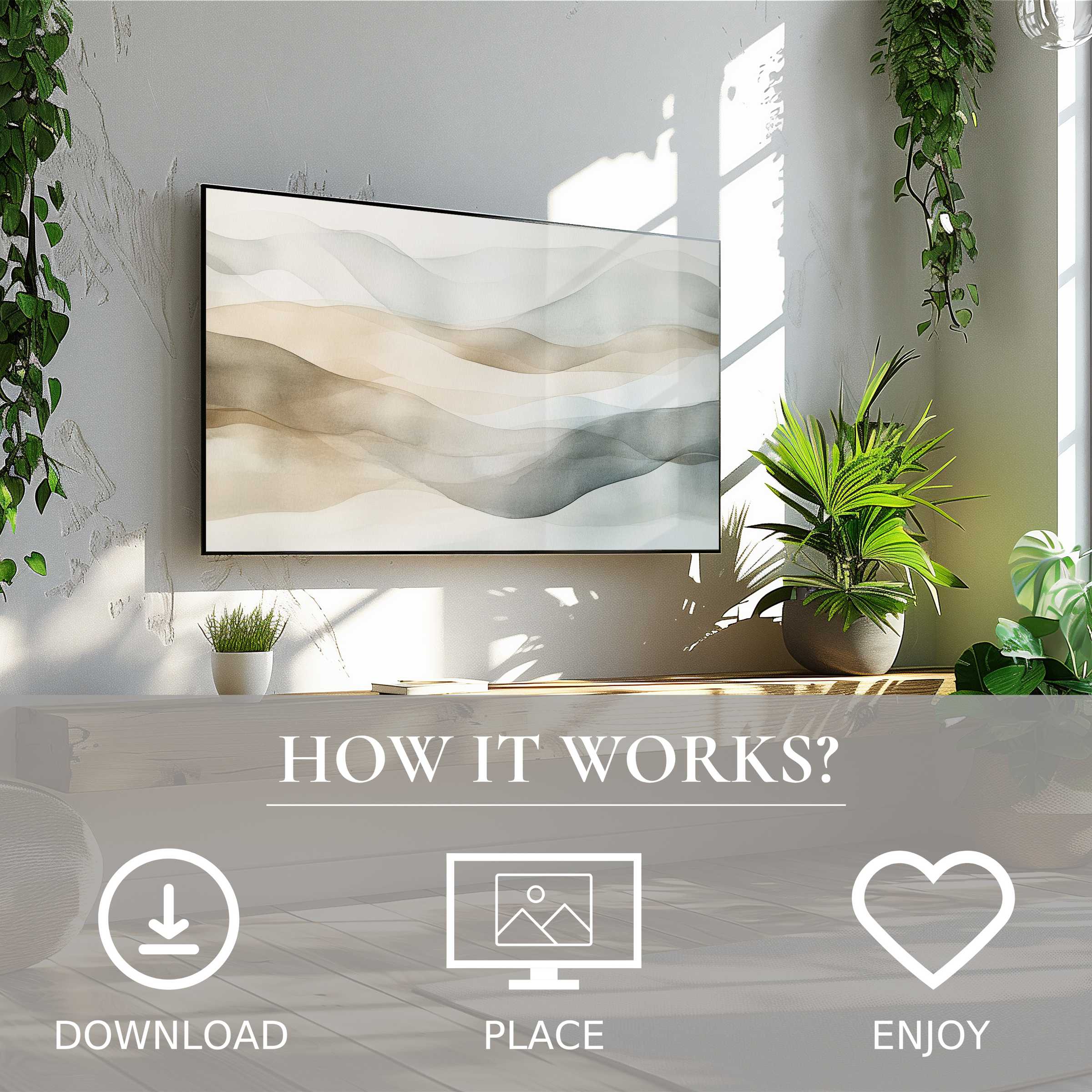 Neutral art for Samsung TV with soft flowing tones, easy digital download enriches modern living spaces effortlessly