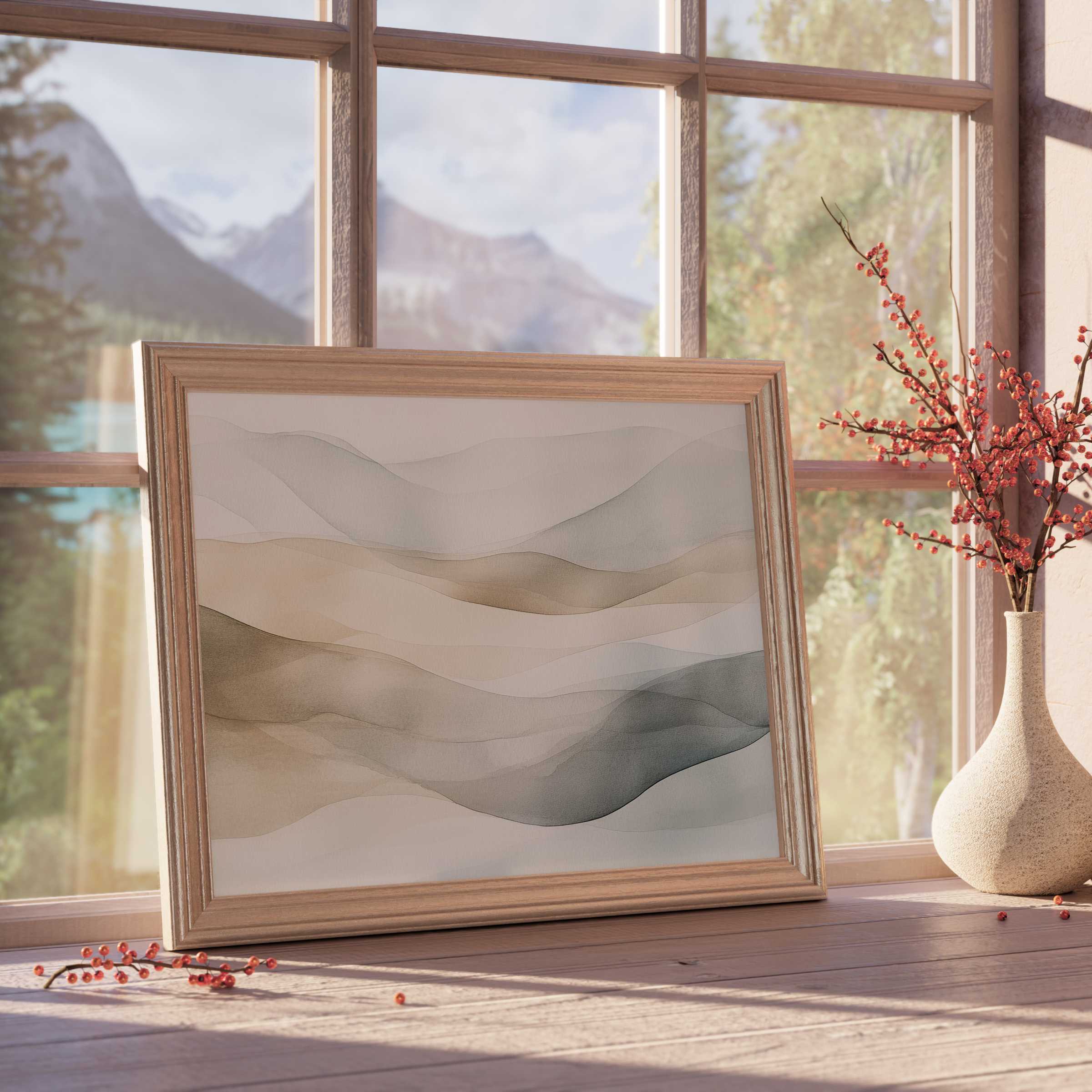Neutral downloadable art with soft, flowing layers in warm beige and gray tones, perfect for calming curated interiors