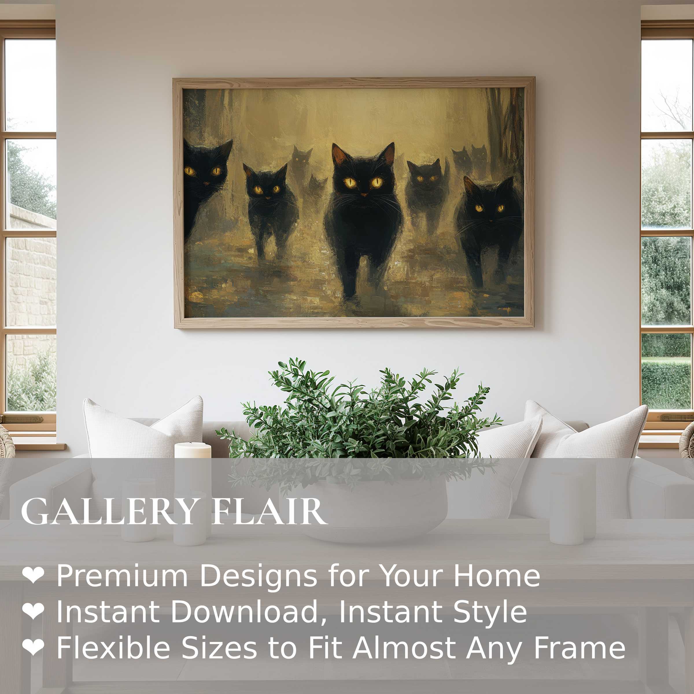 Atmospheric halloween wall art print featuring mysterious black cats with glowing eyes, enhancing a modern minimalist living space with bold, moody allure