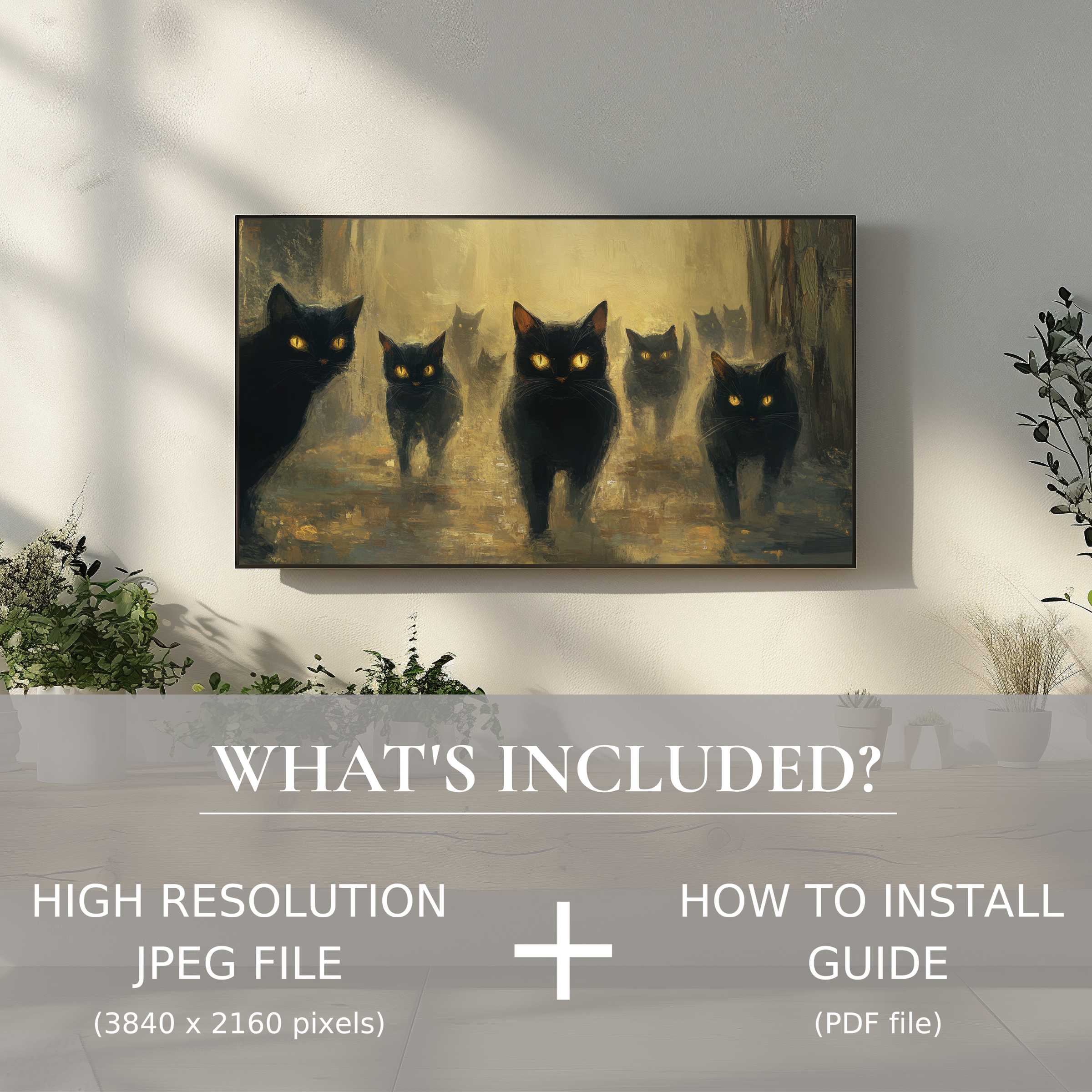 Elegant living room with Halloween digital TV art download of black cats, easily enhancing your modern decor