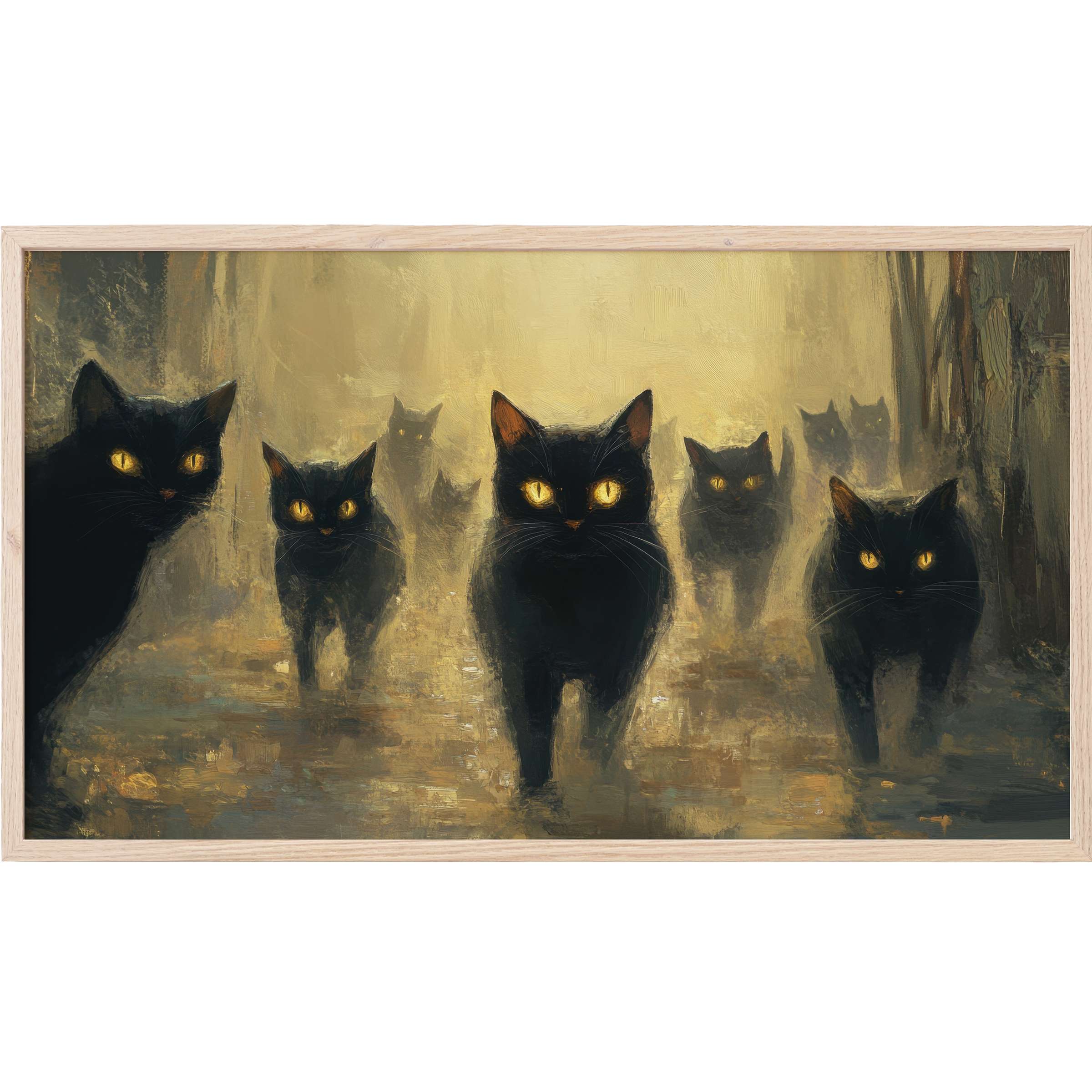 Ethereal black cats with glowing eyes emerge from mist in sepia tones, perfect halloween Frame TV Art for modern homes