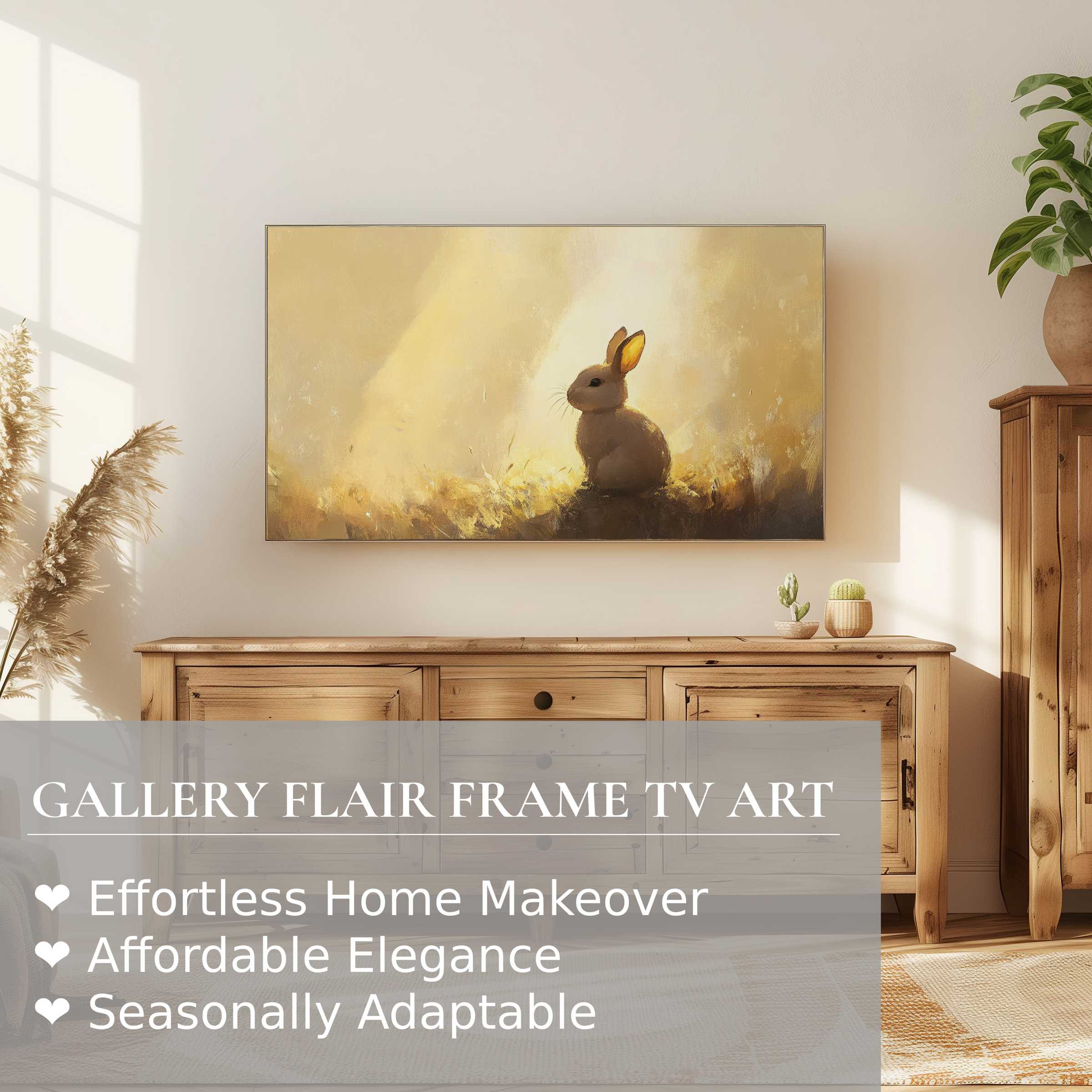 Samsung Frame TV displays a soft, warm easter digital artwork of a rabbit in a cozy, sunlit living room setting