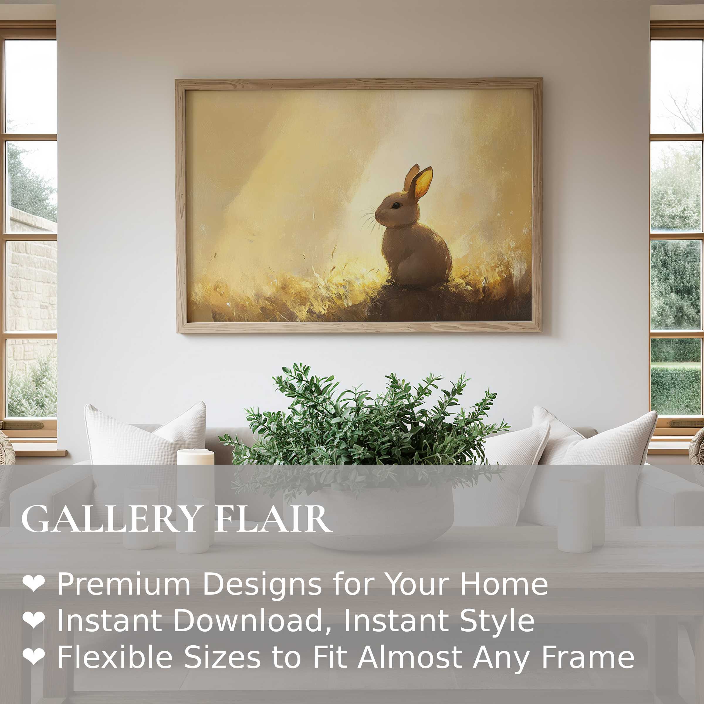 Easter wall art print featuring a radiant bunny in soft golden light, enriching modern minimalist interiors with warmth and charm