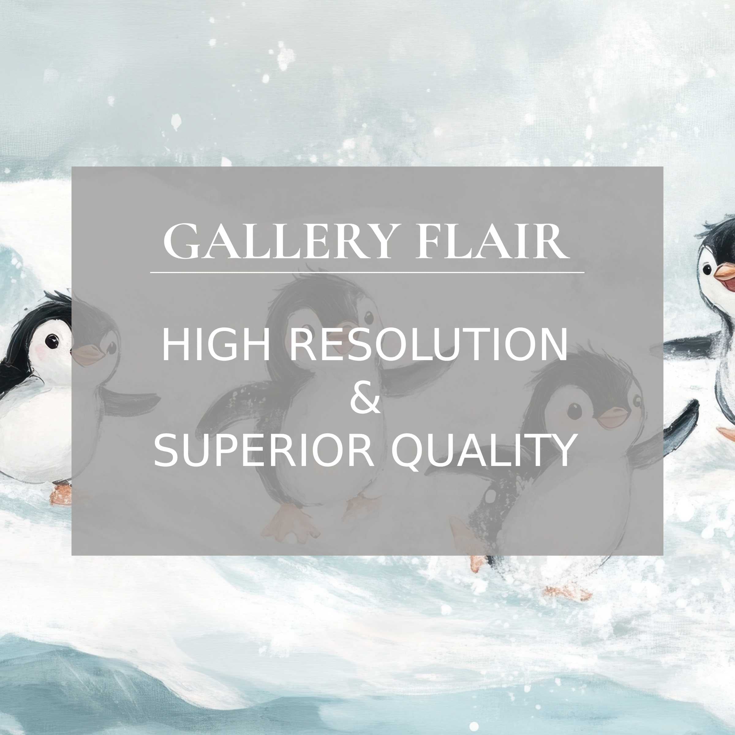 Charming nursery printable art featuring playful penguins in a serene icy landscape, crafted with exquisite detail This premium digital illustration adds a calming, whimsical touch to modern nursery decor, enhancing stylish children's room ambiance with refined, high-resolution quality