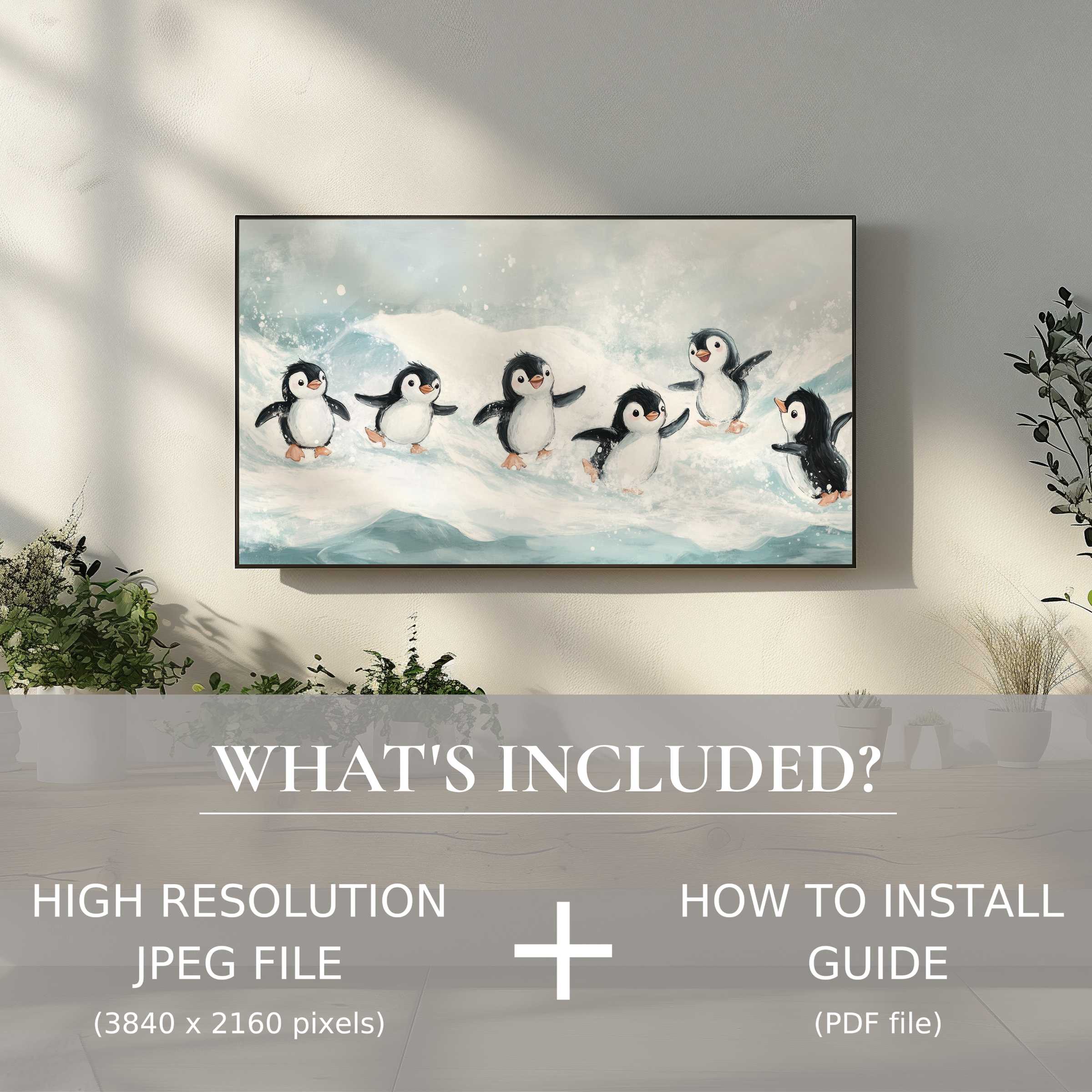 Chic nursery digital TV art download with charming penguins, perfect for effortless, stylish living space enhancement