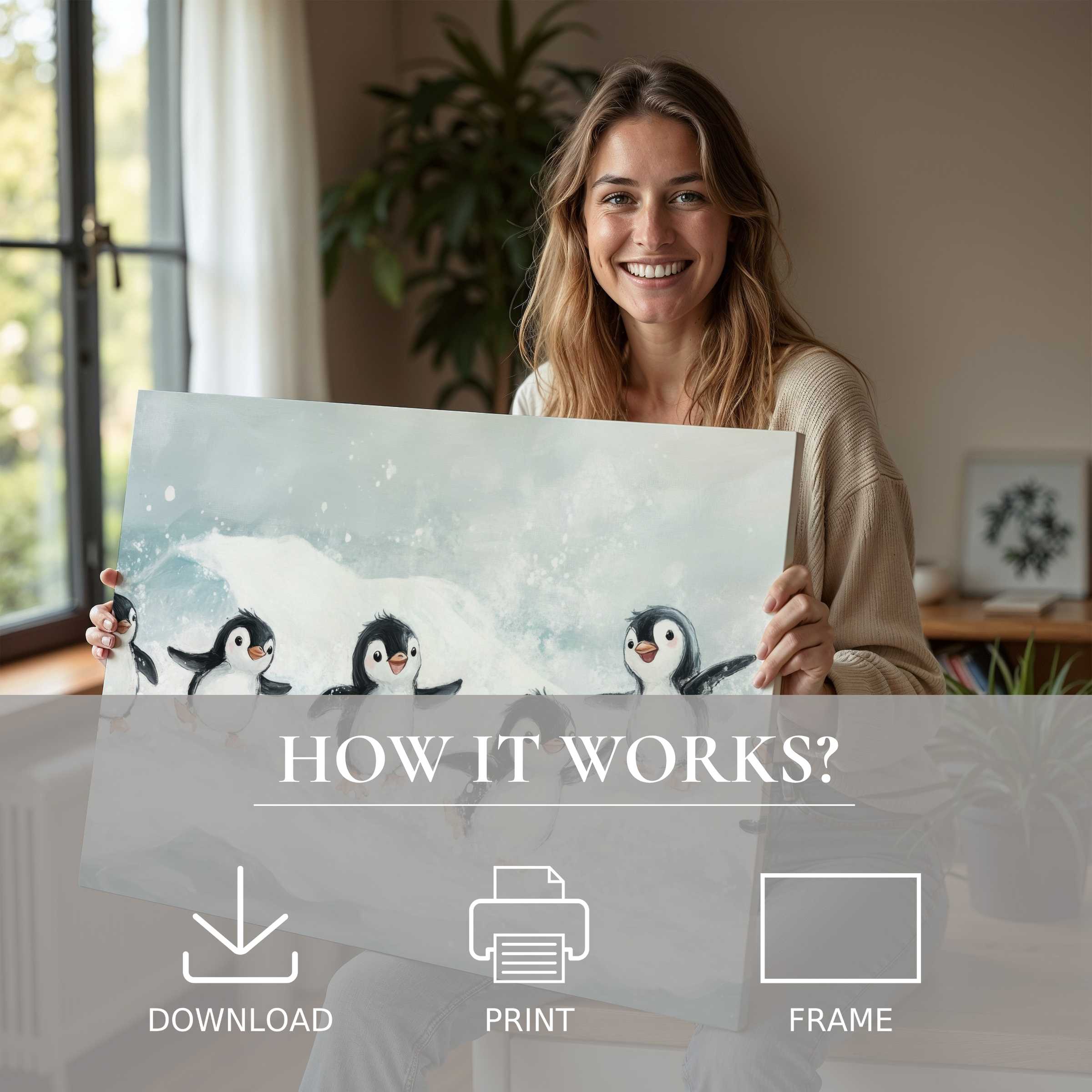 Joyful connection blossoms in a modern home as a nursery digital art print of playful penguins brings warmth and whimsy effortlessly