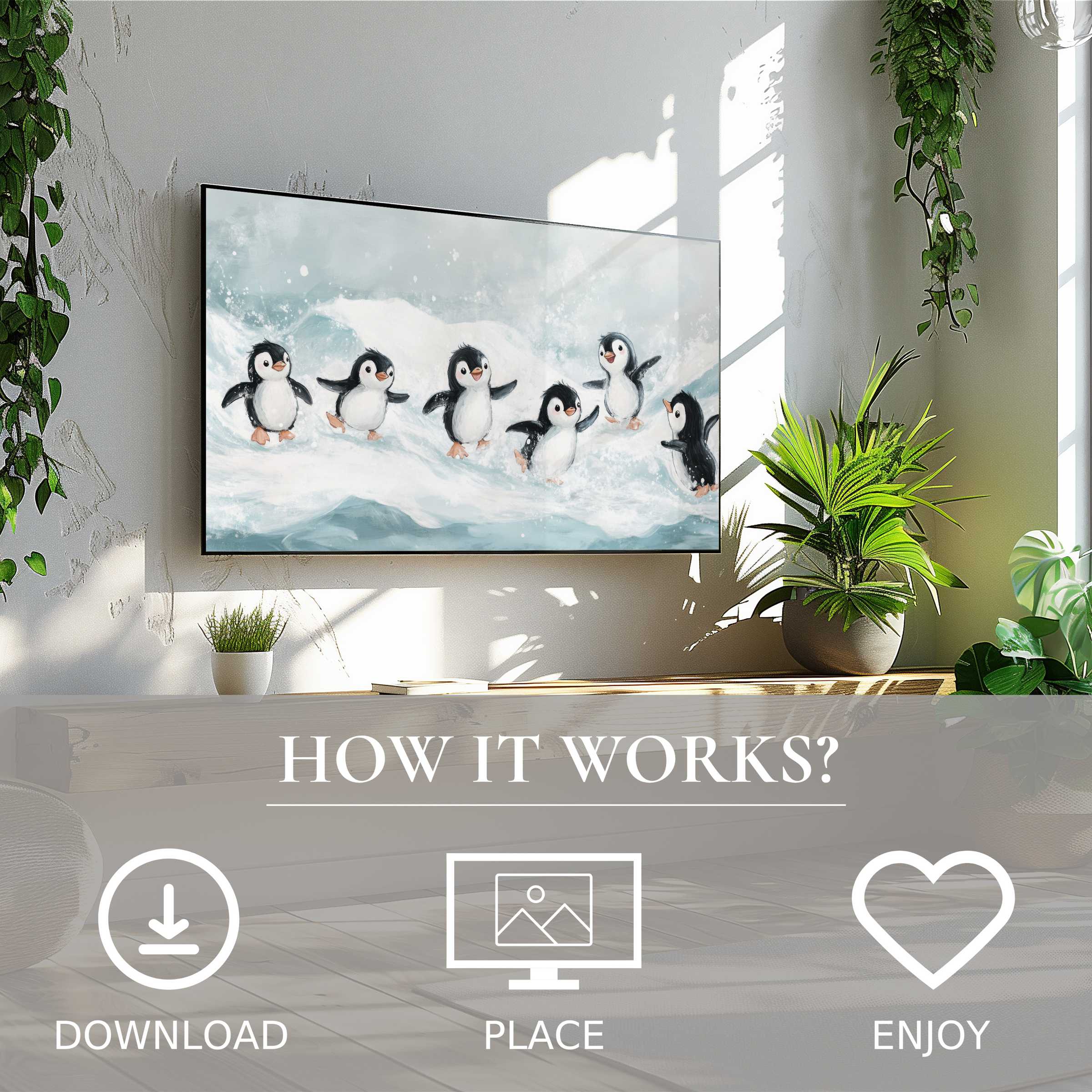 Nursery art for Samsung TV shows playful penguins in soft blue tones, easy digital download enriches modern living spaces