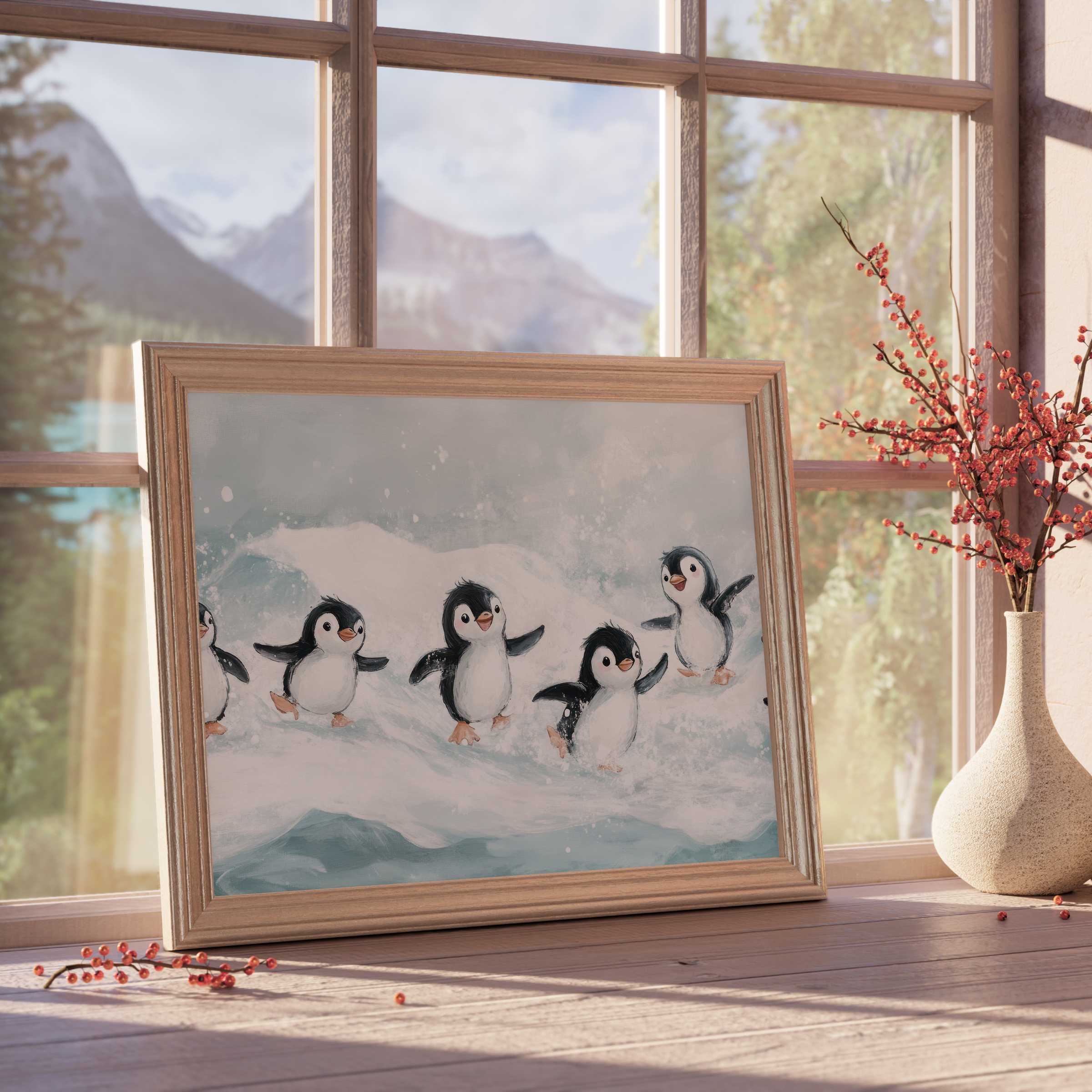 Charming nursery downloadable art featuring joyful penguins in soft pastels, adding calm warmth and playful elegance to sophisticated kids’ rooms