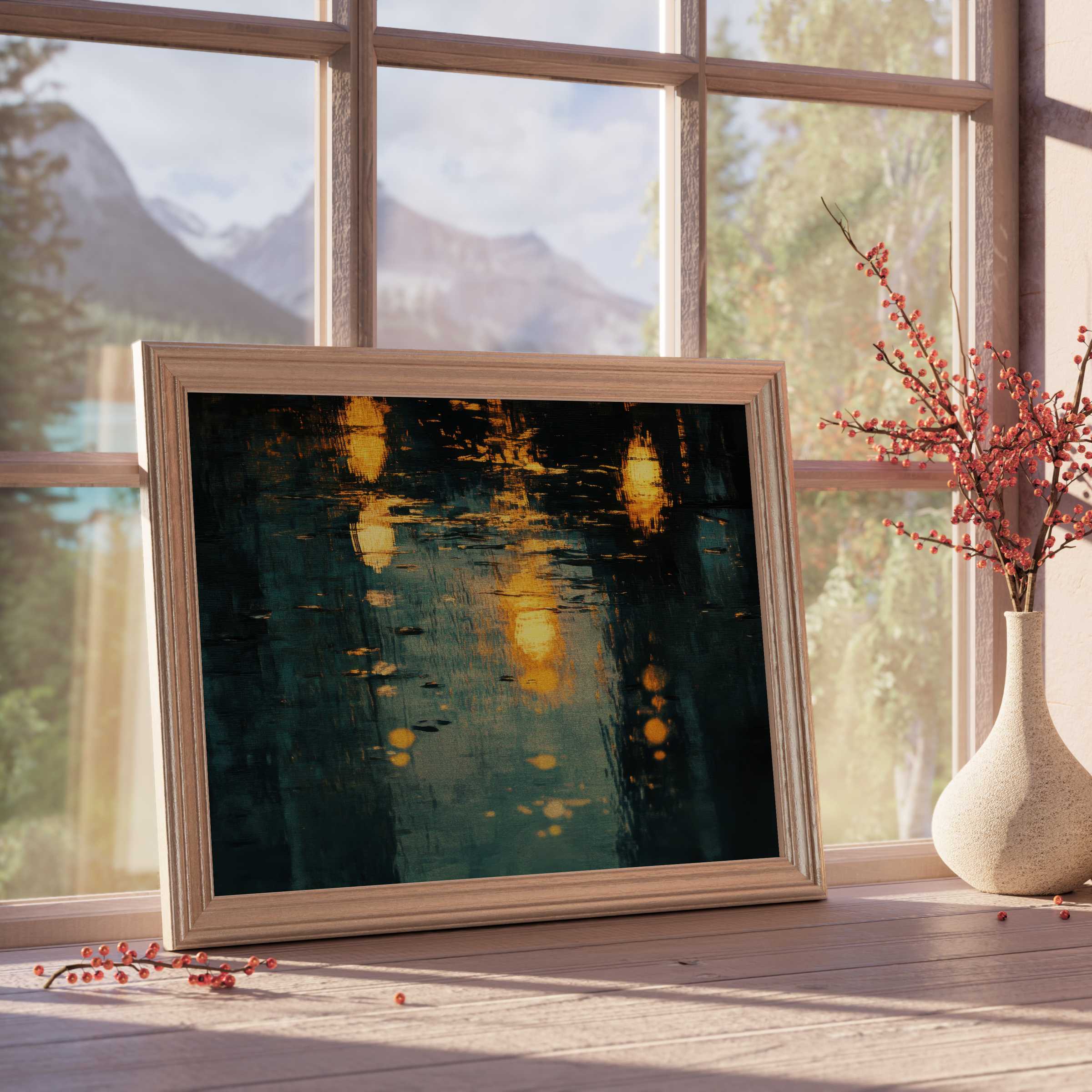 Urban downloadable art capturing warm golden city lights reflecting on rain-soaked streets, elevating tranquil, design-forward interiors with modern elegance