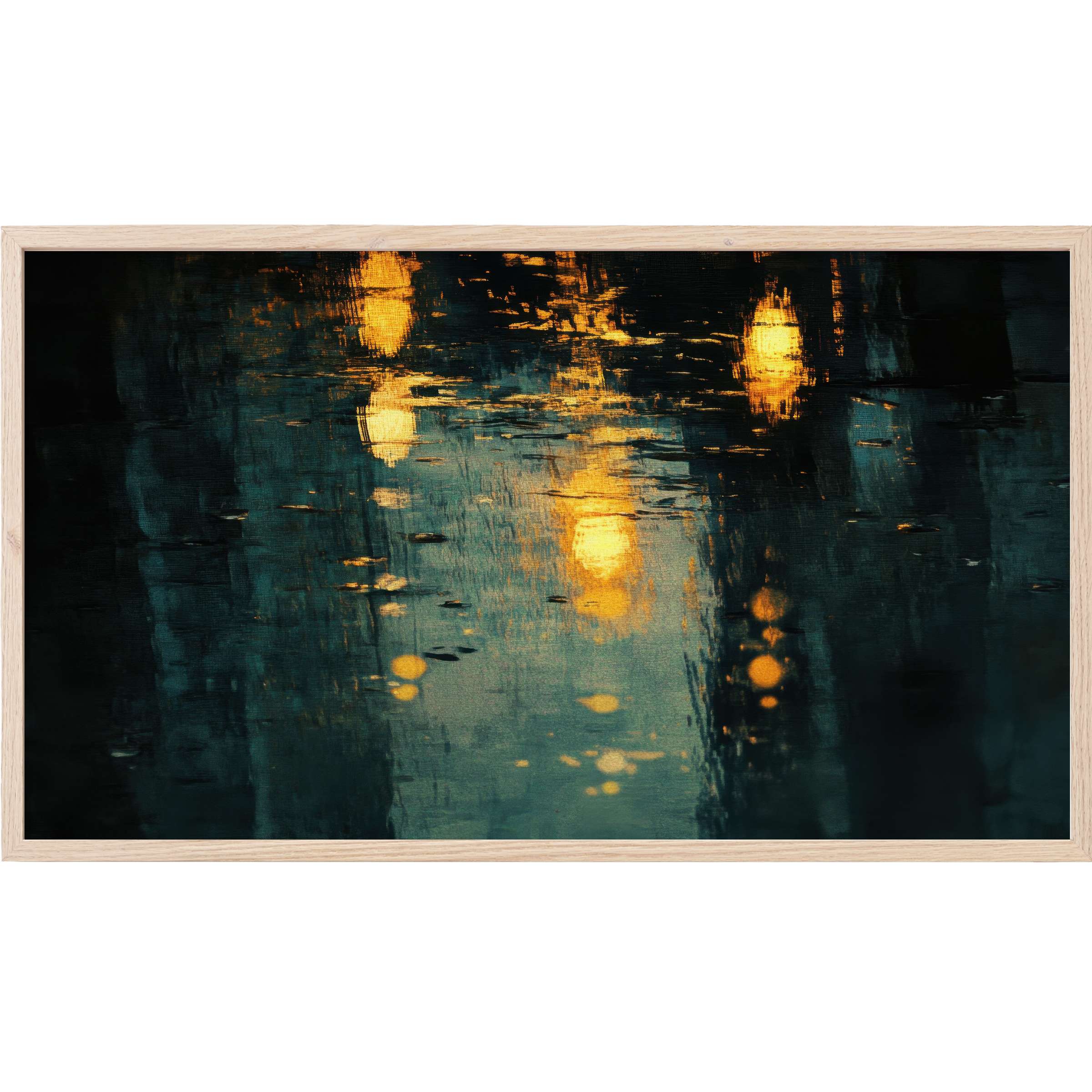 Urban Frame TV Art: moody abstract reflections in deep blues and glowing amber, evoking a sleek, modern ambiance