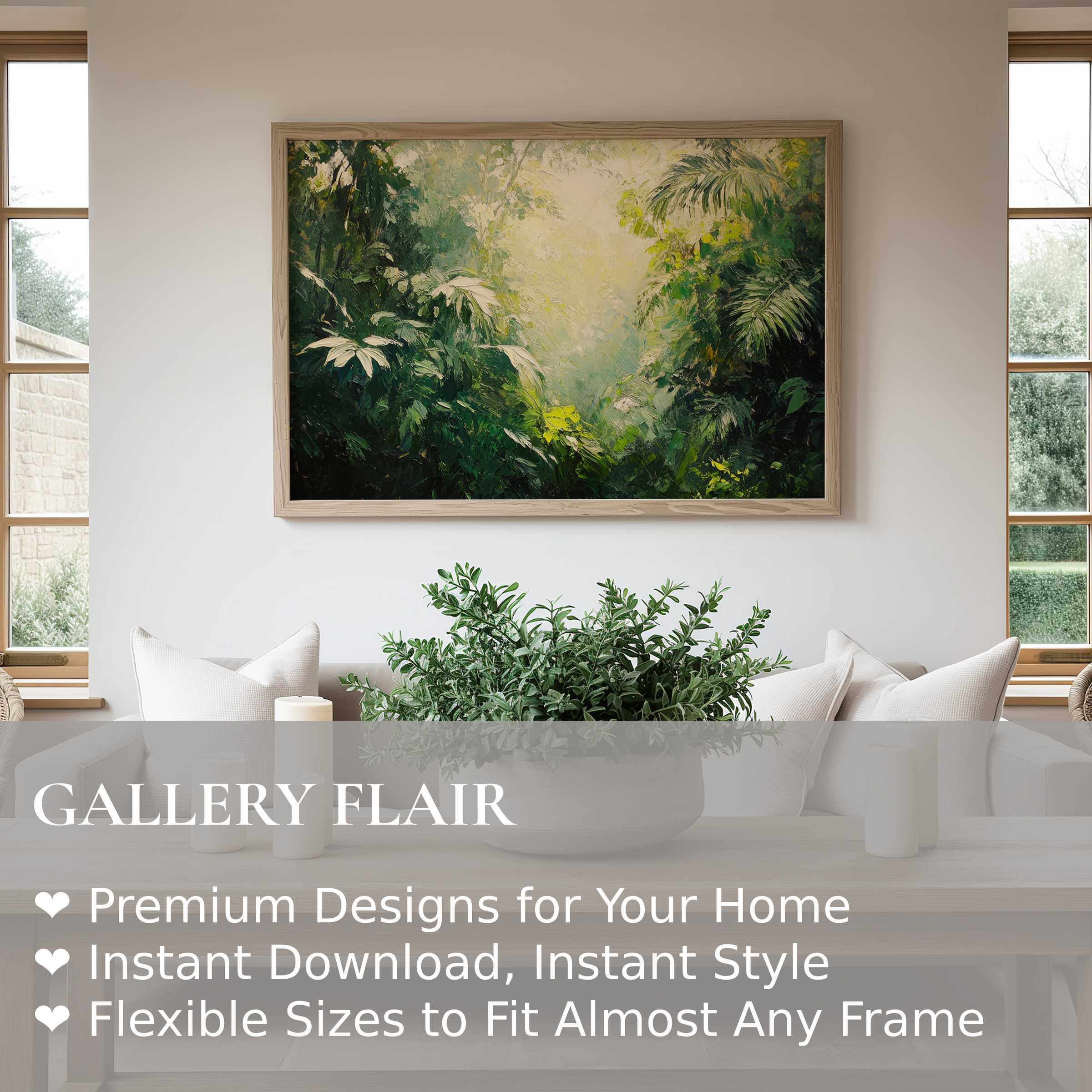 Lush tree wall art print showcasing vibrant foliage in a serene, modern living room, enhancing calm and nature-inspired decor