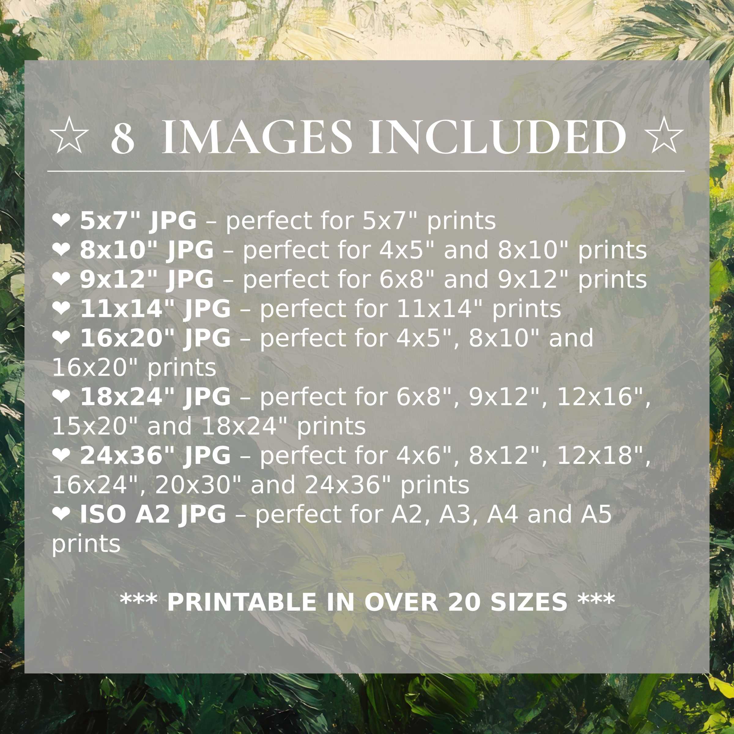Print size guide showing 8 included JPG formats for versatile wall art printing – perfect for framing in popular sizes from 5x7 to 24x36 and A2