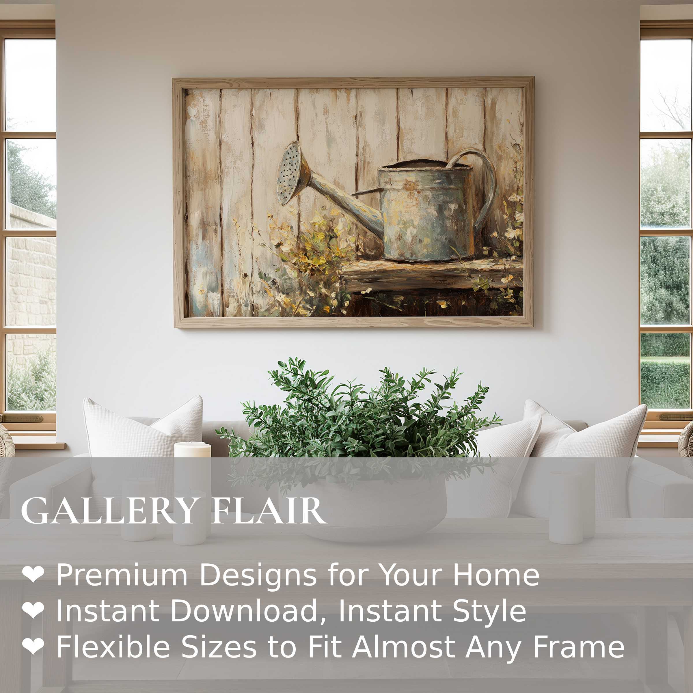 Farmhouse wall art print of rustic watering can evokes serene charm and warmth, perfect for modern farmhouse or cozy cottage interiors