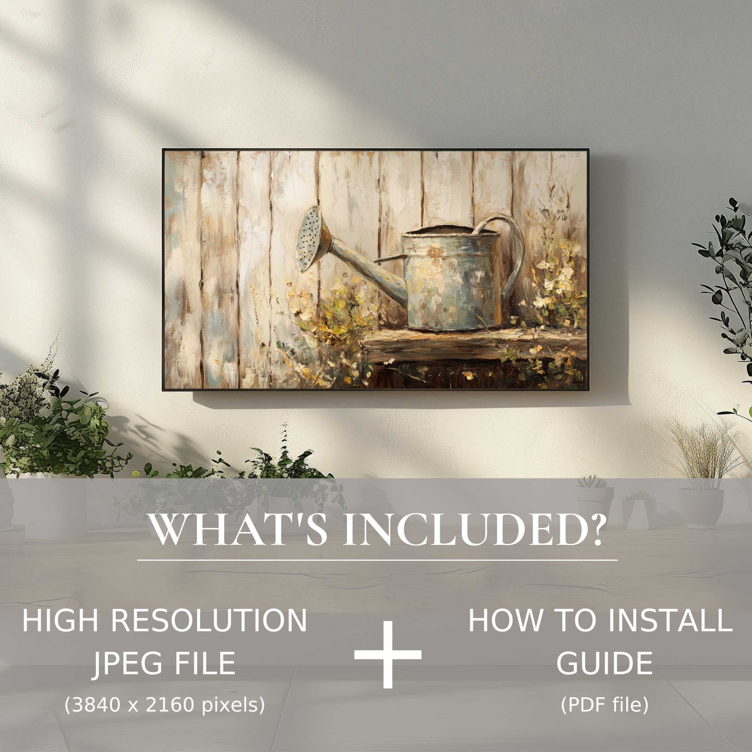 Chic farmhouse digital TV art download features rustic watering can, easily uplifts modern living spaces with effortless digital use
