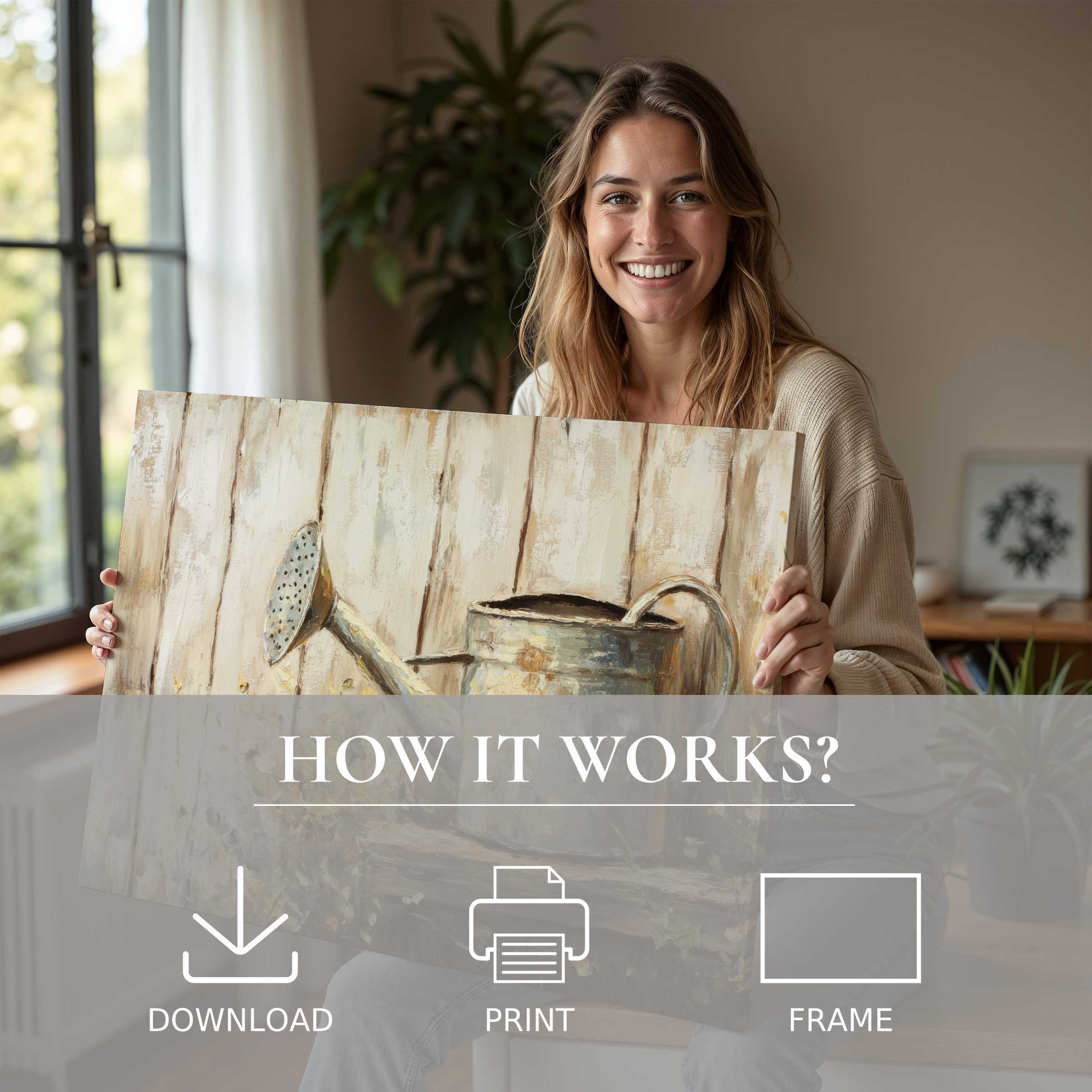 Radiant woman embracing a farmhouse digital art print, capturing serene joy and effortless elegance in modern living spaces