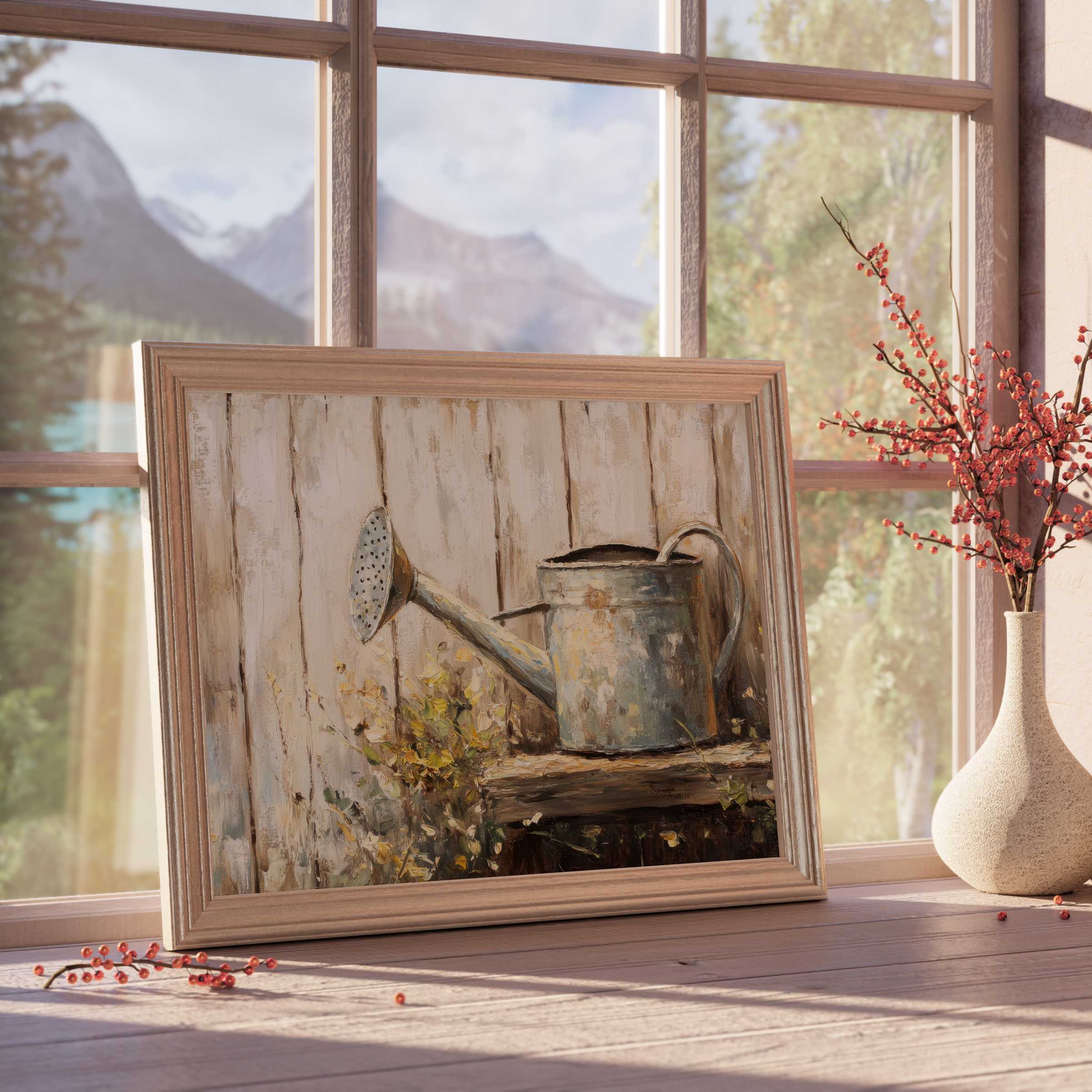 Rustic farmhouse downloadable art featuring a vintage watering can, evoking warm, tranquil charm in curated, stylish interiors