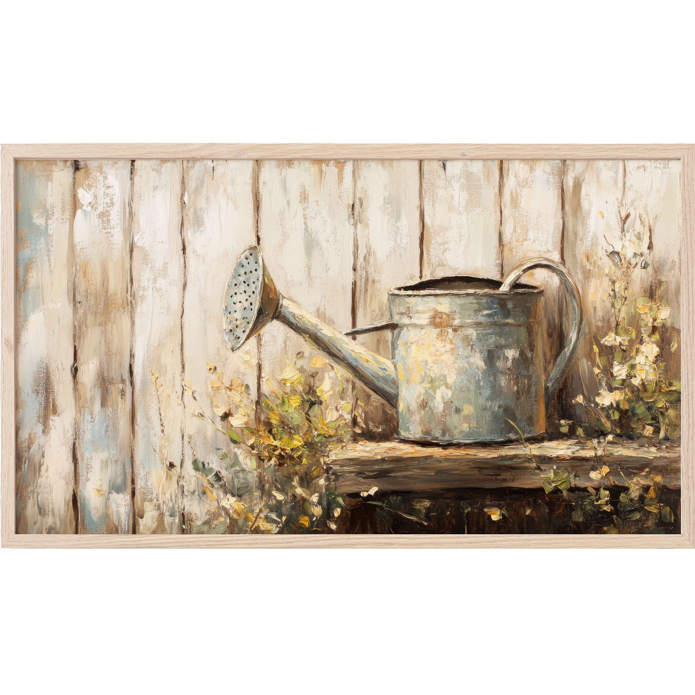 Farmhouse Frame TV Art with rustic watering can on weathered wood, painted in soft neutrals and warm earthy tones