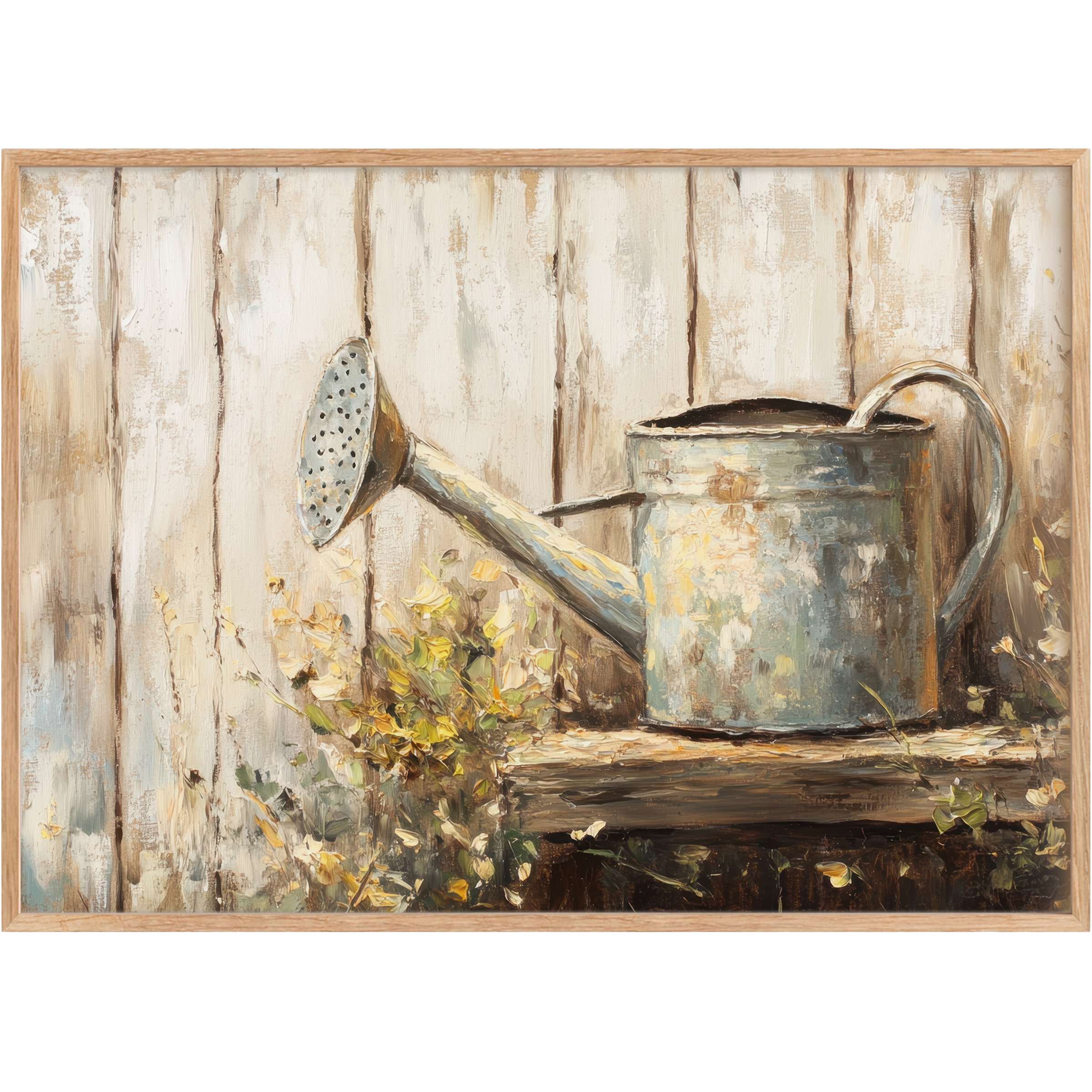 Weathered metal watering can on rustic wood shelf with soft beige and muted gold tones evokes serene farmhouse printable wall art