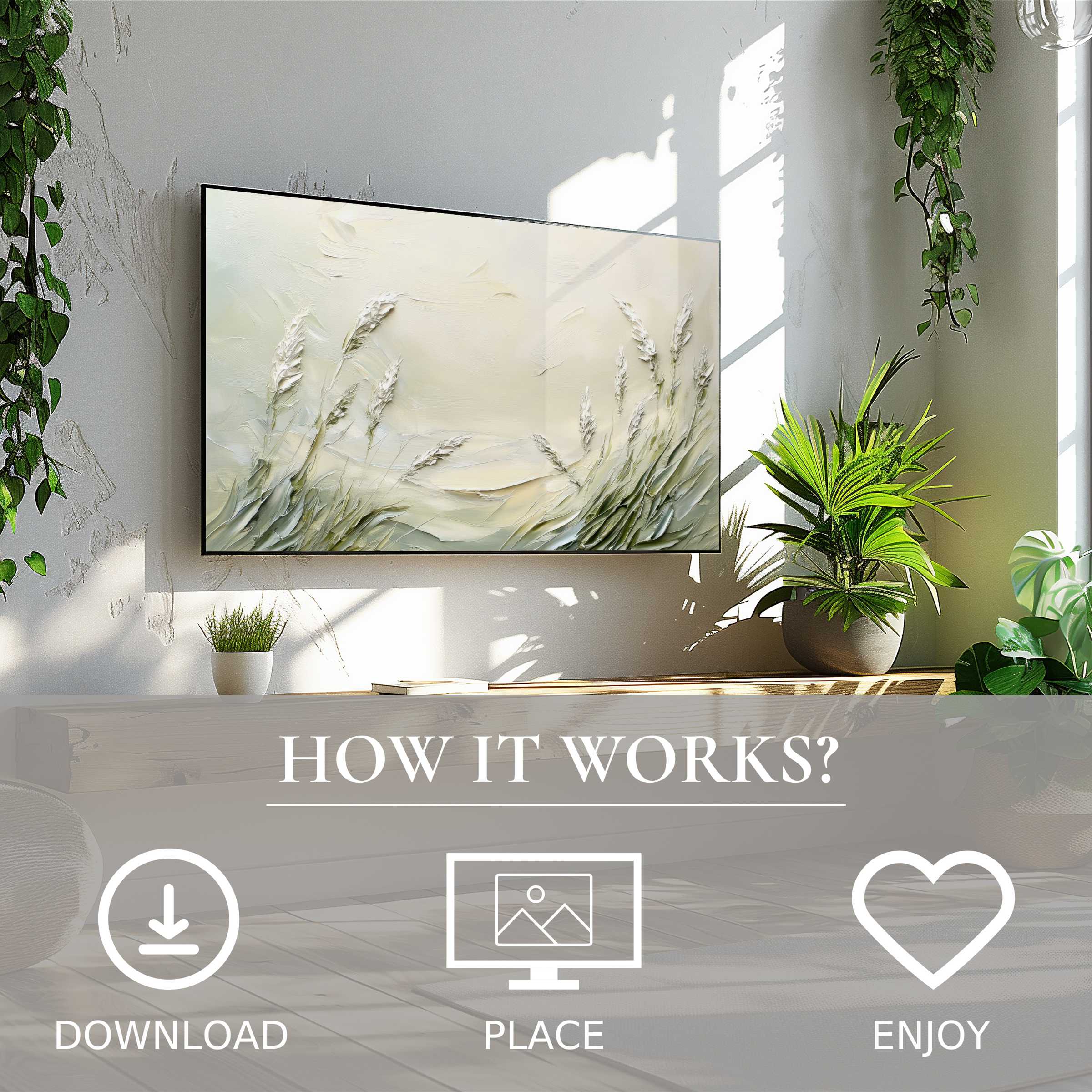 Coastal art for Samsung TV in soft earth tones, easy digital download, enhances modern living with serene abstract nature motif