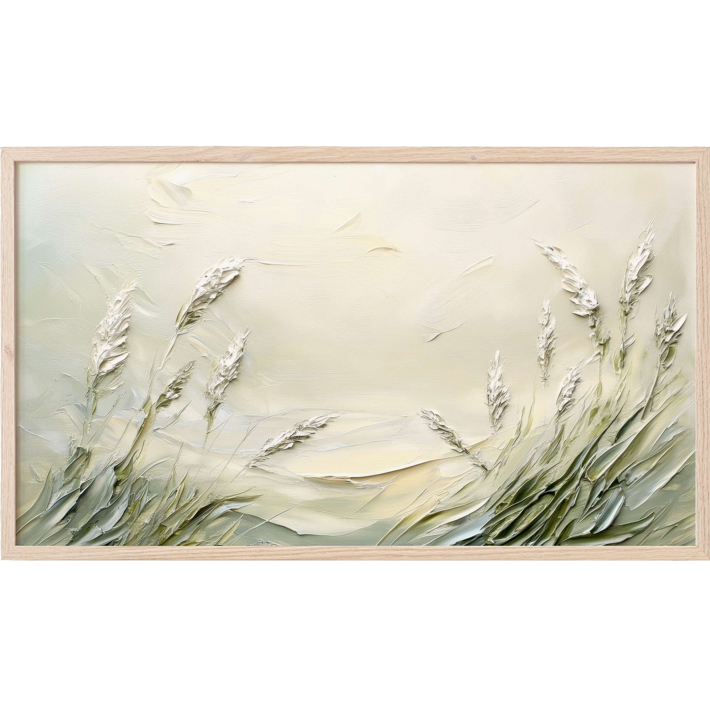 Elegant coastal Frame TV Art featuring textured reeds in soft greens and creams with a serene, modern coastal palette