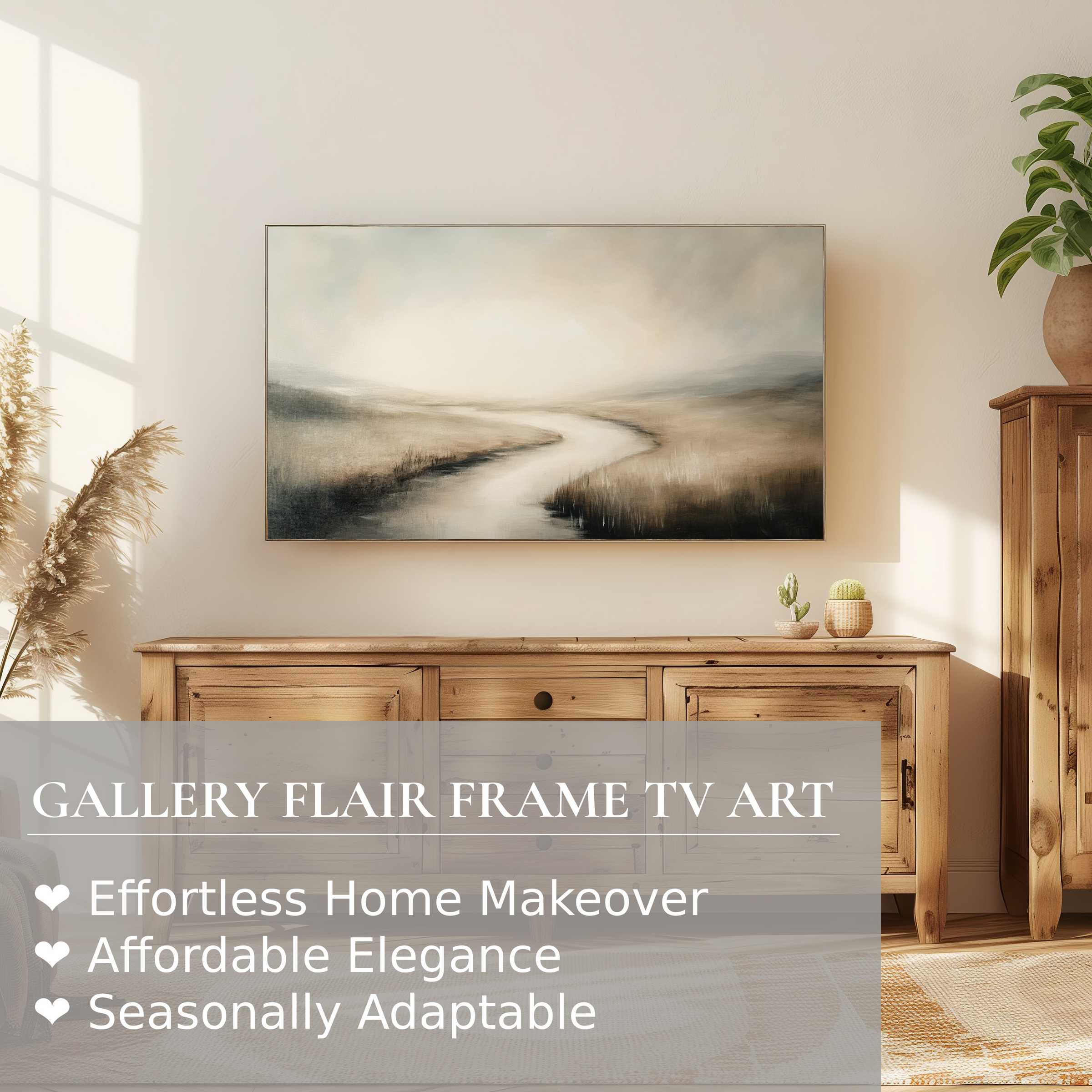 Samsung Frame TV displays muted landscape digital artwork, enhancing refined, modern living spaces with subtle elegance