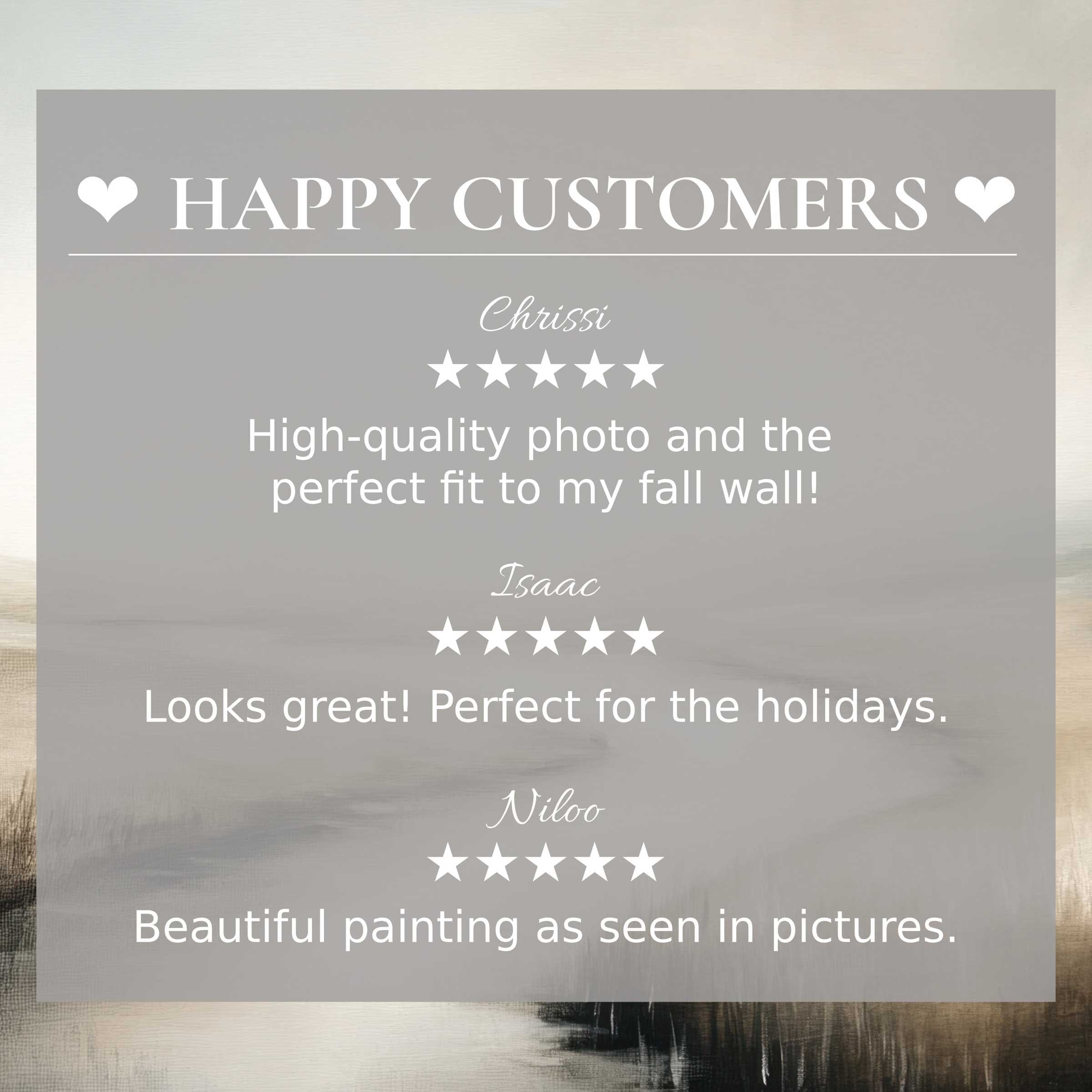 Happy customer reviews overlay soft abstract sunset hues, landscape art for Frame TV, stylish and trustworthy display