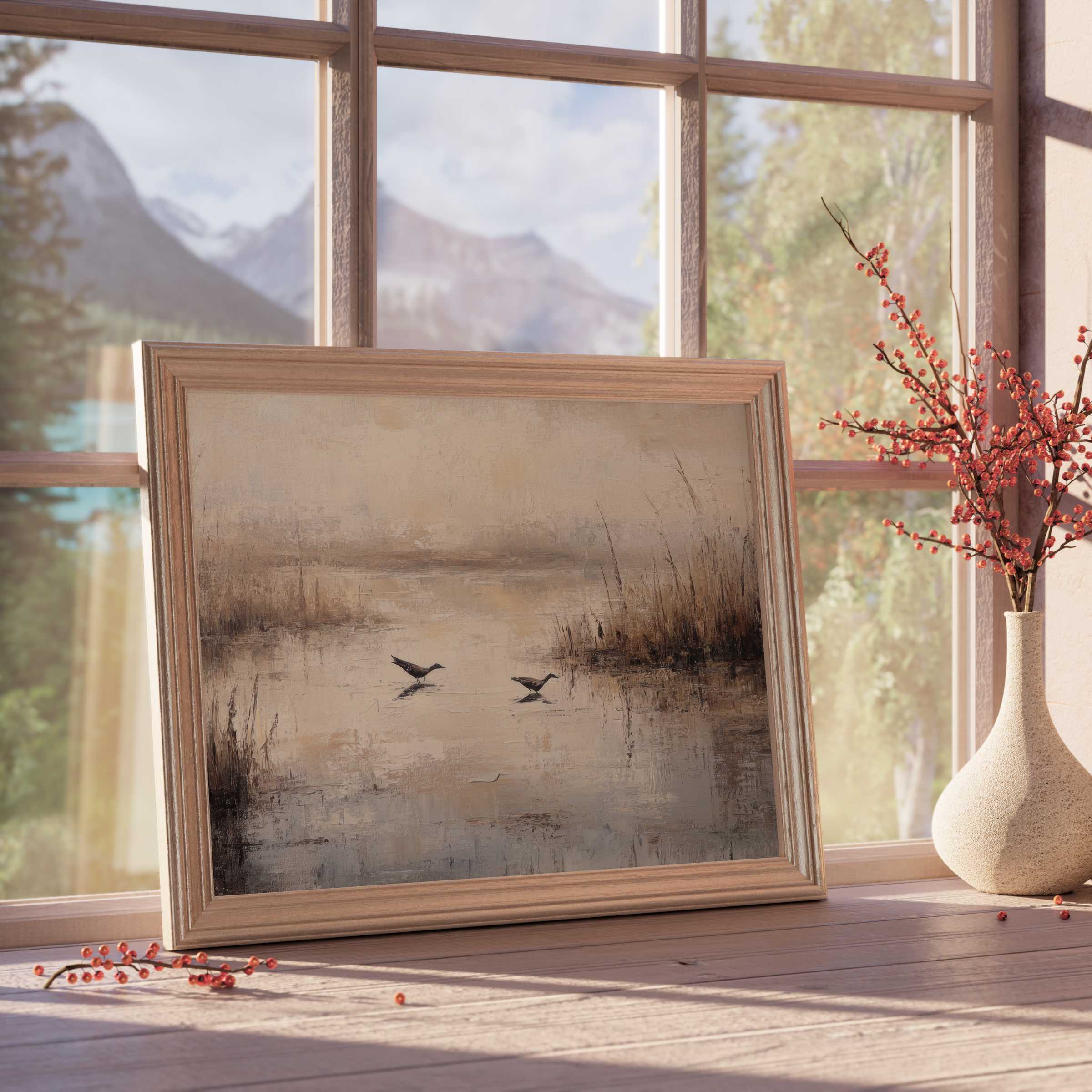 Vintage downloadable art capturing serene wetland birds in muted earth tones, elevating calm, curated interiors with timeless elegance