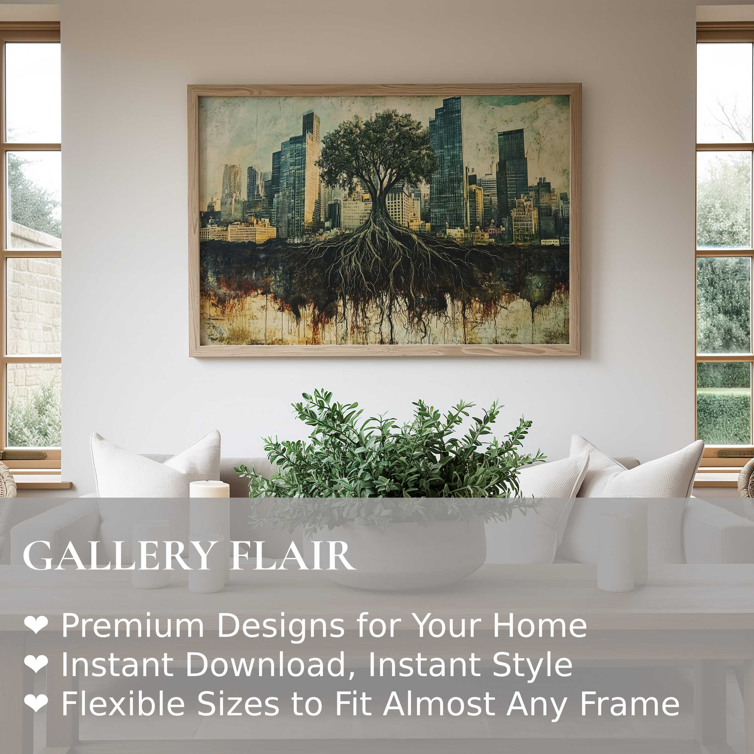 Street art wall art print featuring a bold tree with sprawling roots against an urban skyline, enriching modern minimalist interiors with nature-inspired drama and urban edge