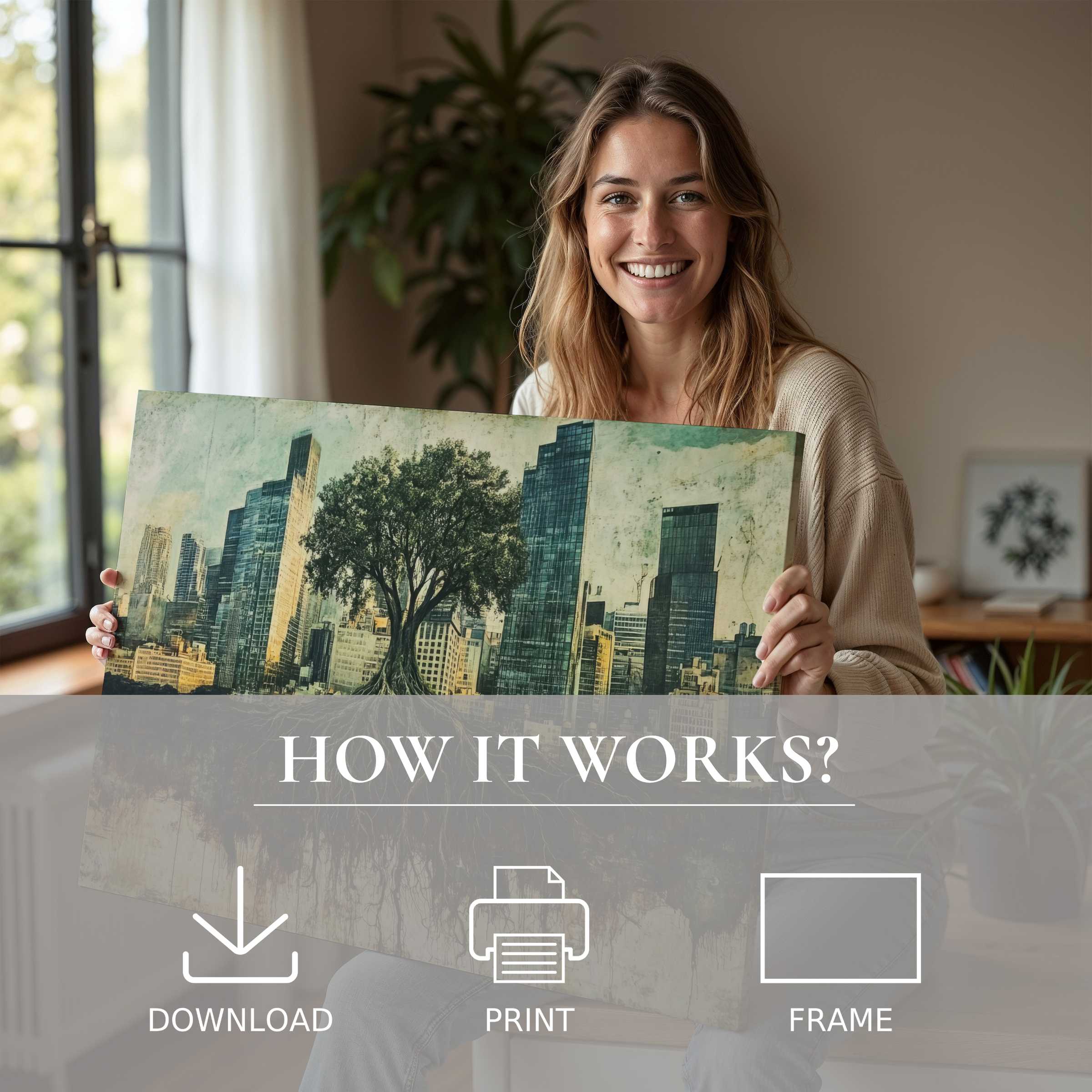 Elegant street art digital art print brings urban serenity indoors, embodying joy and effortless style for refined home decor